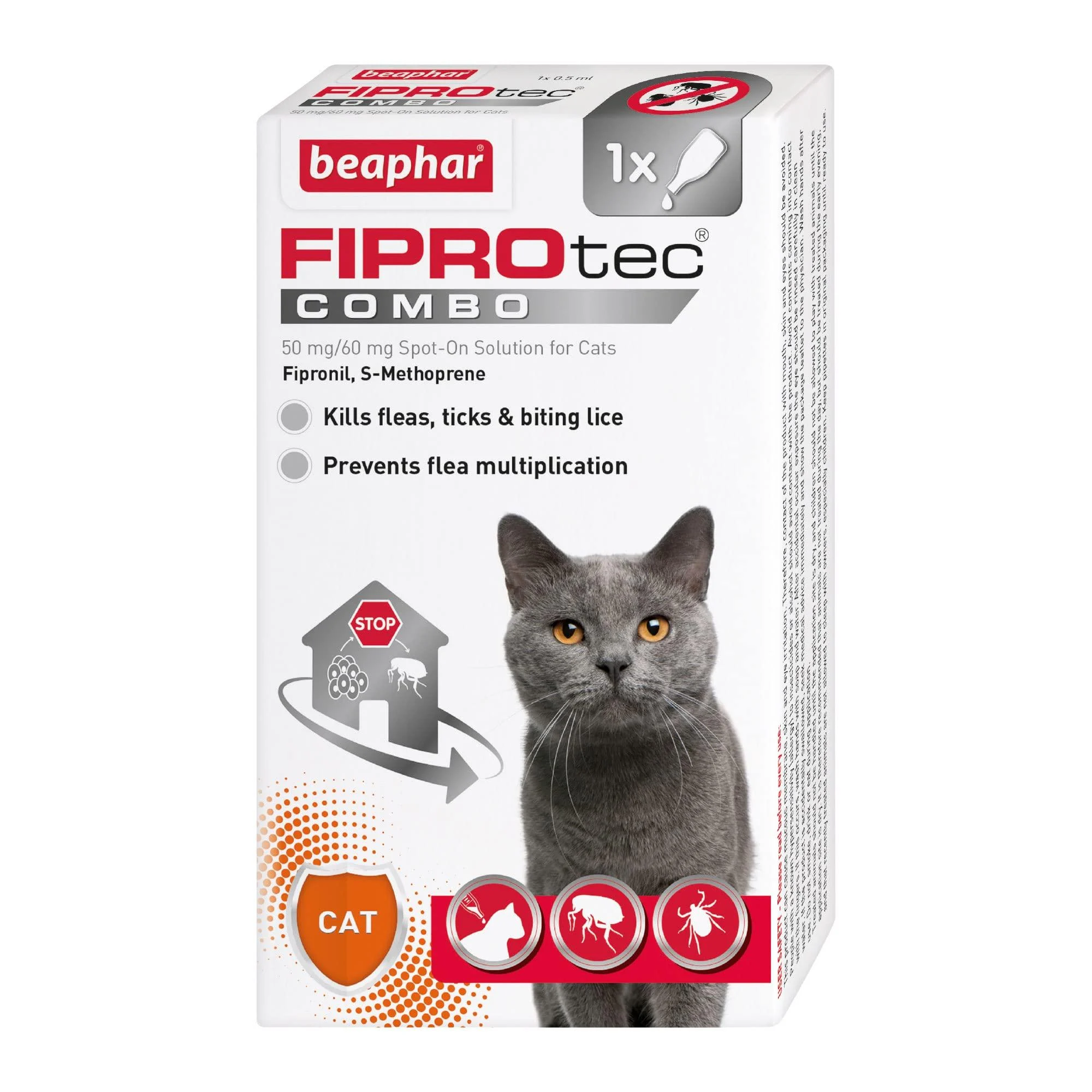 Beaphar | FIPROtec COMBO for Cats | Kills Fleas Flea Eggs & Ticks | Stops Fleas Multiplying on Pet & in the Home | Vet Strength Treatment | 1 Pipette
