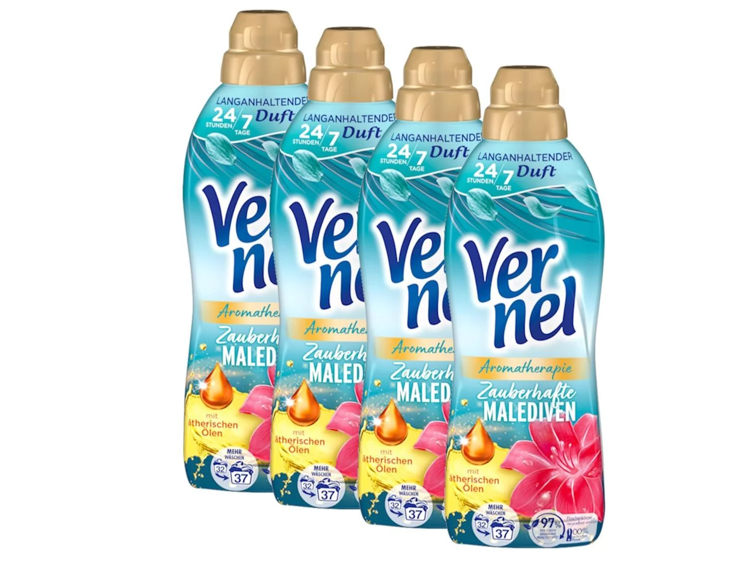 Venel aromatherapy magical Maledive fabric softener 4x 37 WL (148 washloads) long -lasting laundry scent with essential oils for 24/7 fresh recyclable bottle 814 ml (4 Pack)