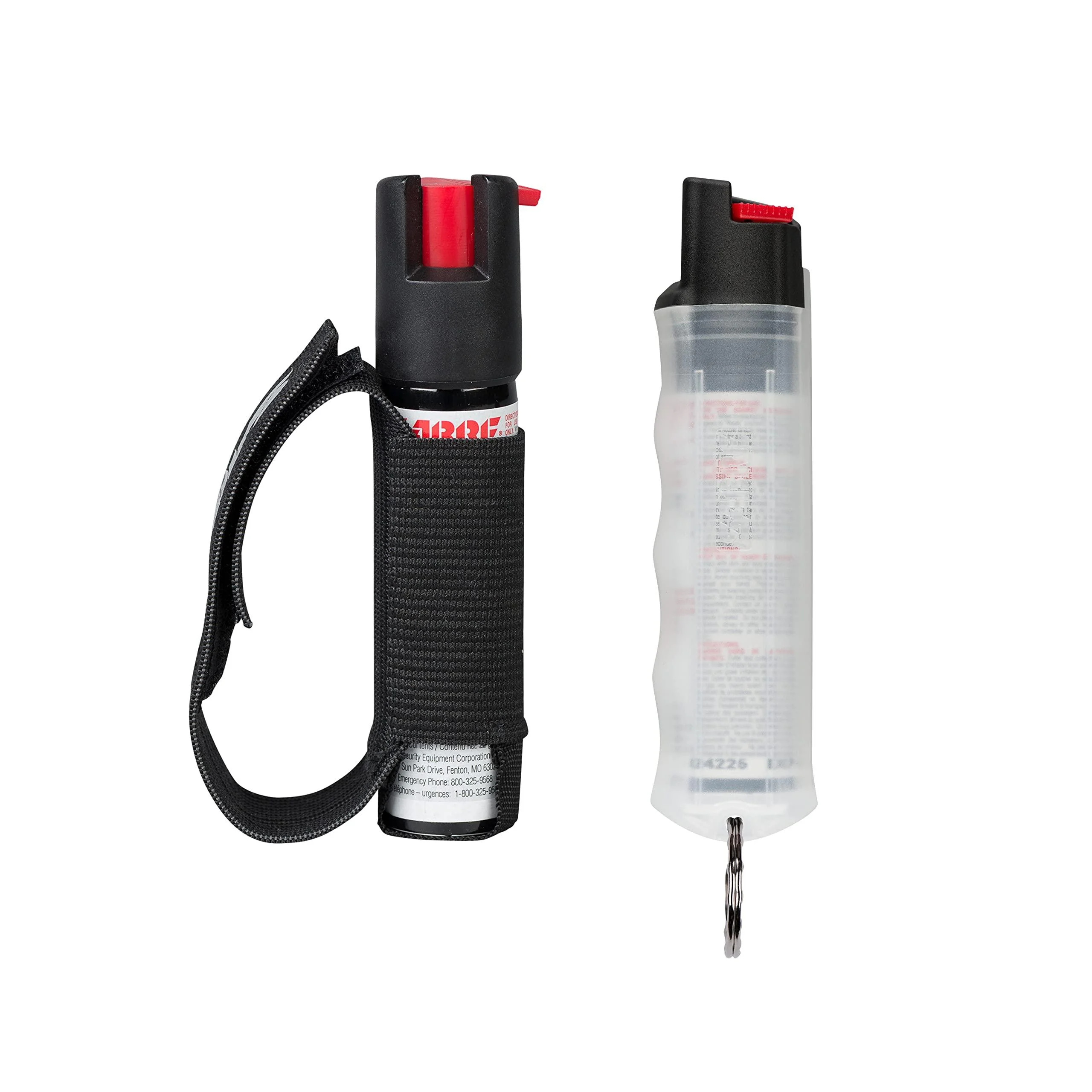 SABRE Protector Dog Spray Multipack. (1) 22-Gram Spray with Key Ring (1) 22-Gram Spray with Adjustable Hand Strap 14 Bursts 3.5-Meter Range Humane Dog Attack Deterrent Maximum Strength Allowed