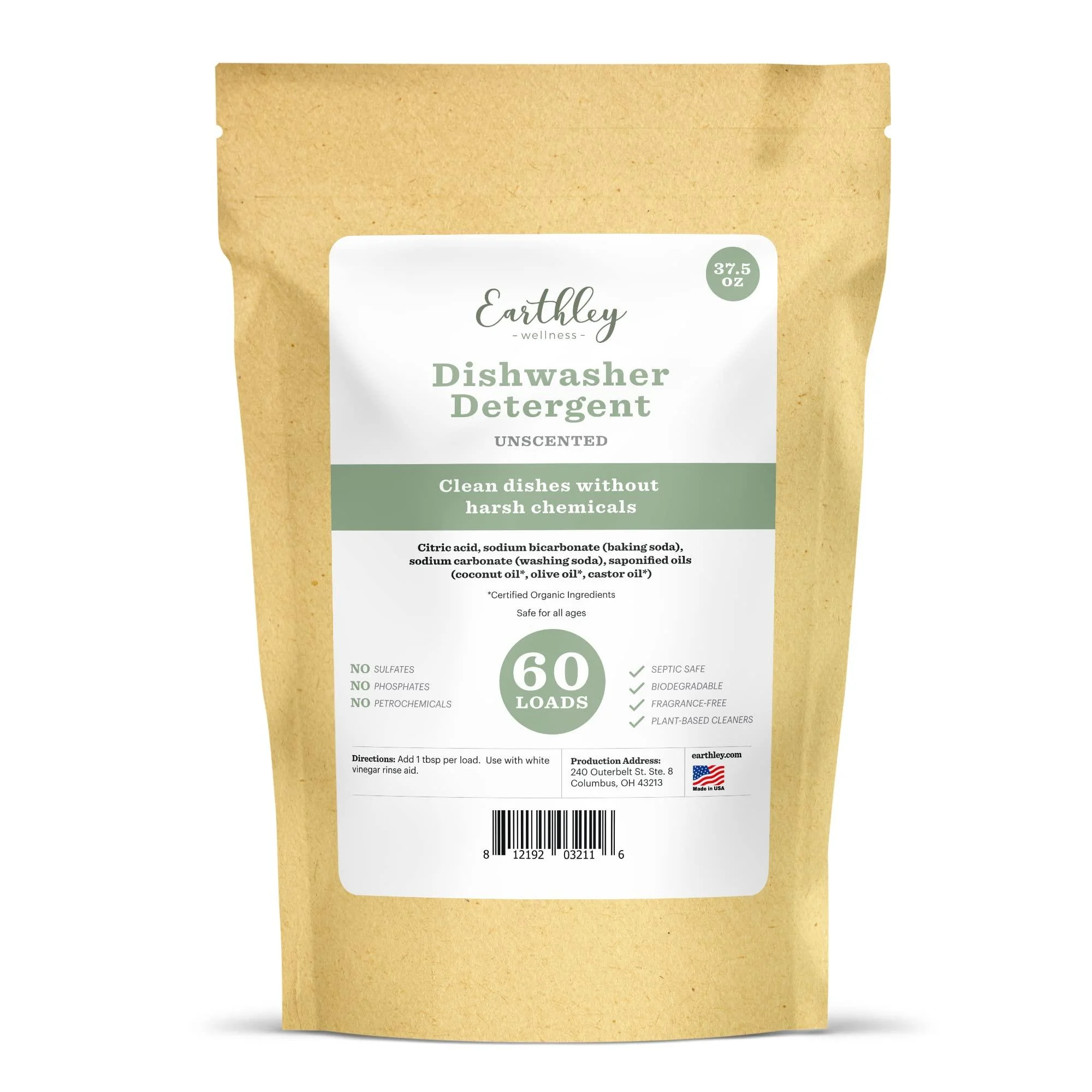 Earthley Wellness Dishwasher Detergent Eco-Friendly Pure Certified Organic Dish Detergent (60 Loads Unscented)