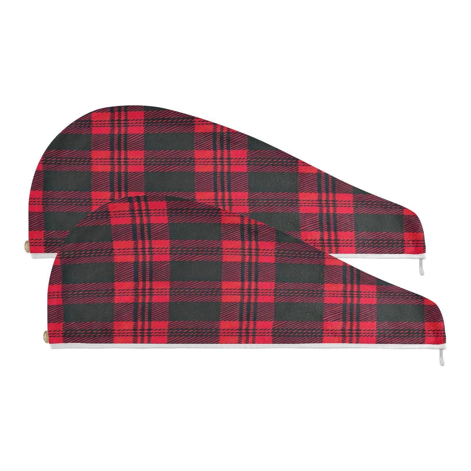 Black and Red Checkered Pattern Dry Hair Cap 2 Piece Quick Drying Towel Set with Button Headband Super Absorbent Soft & Comfortable - BOESI