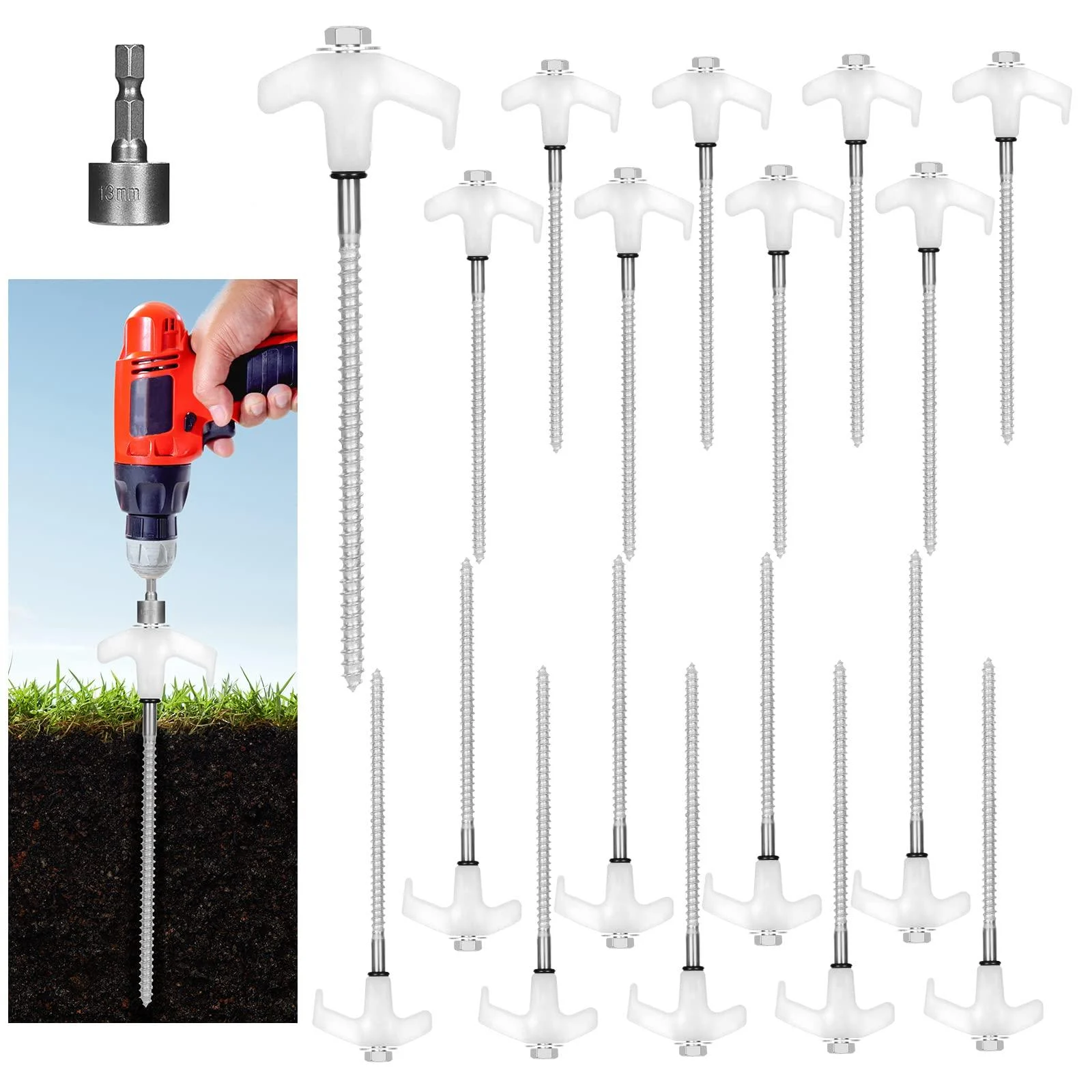18 Tent Stakes Heavy Duty Metal Tent Stakes Screw in Camping Stakes with Luminous Head Ground Anchor Pegs Threaded Tent Spikes with Hex Head Driver and Storage Box 18 without rope - LEIFEOSH
