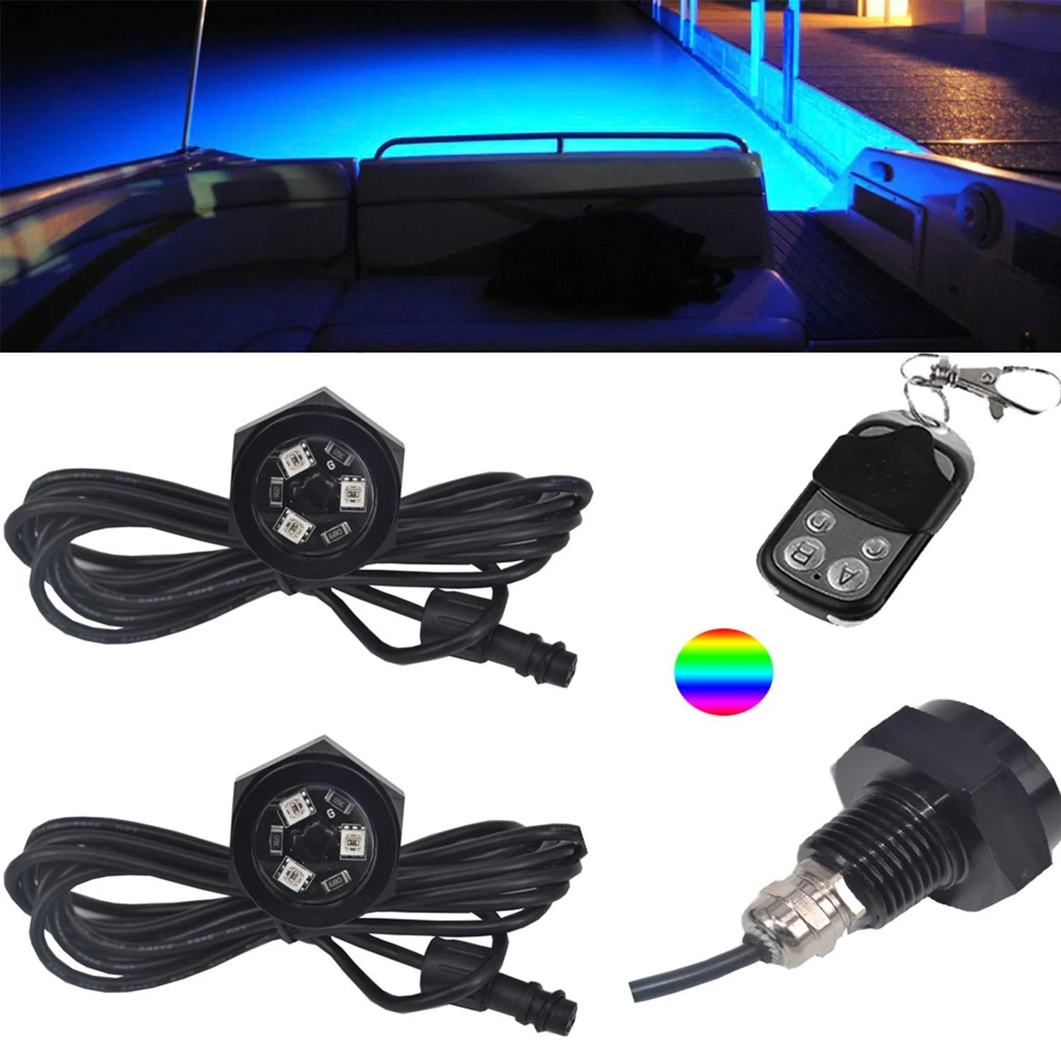 NBWDY RGB LED 1/2in NPT Boat Drain Plug Light Underwater Light with 4-key RF Remote Control,DC12V,50000hr Lifespan Marine Boat Led Light for Garber-fishing,Swimming,Diving(pack of 2)