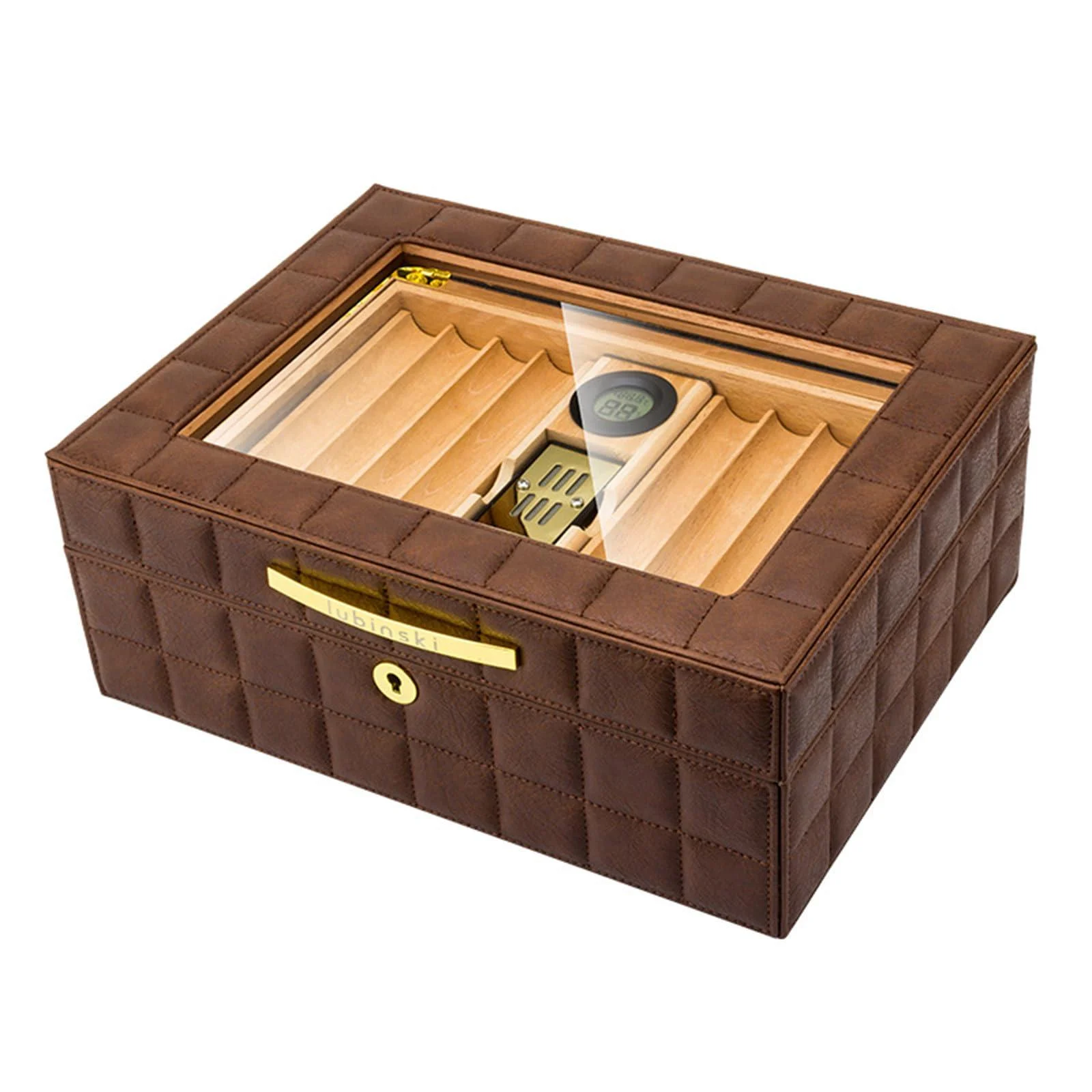 Cigar Humidor Leather Cedar Wood Cigar Cabinet with Digital Hygrometer Humidifier Cigar Accessories to Accommodate 50 Cigars Brown - GYP-JFDSZ