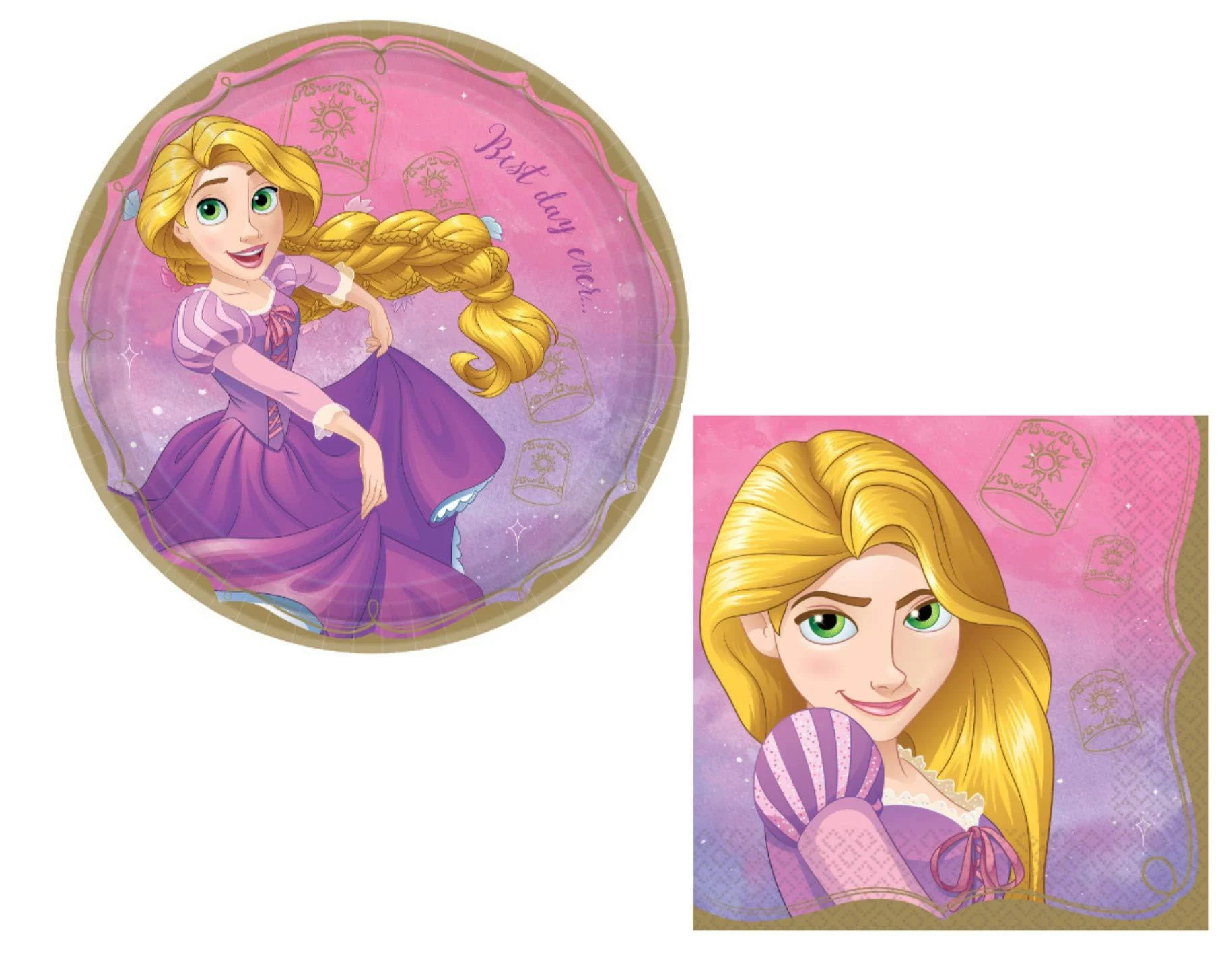 Rapunzel Themed Party Supplies: Bundle Includes Round Dinner Plates and Napkins for 16 People - OWAREY