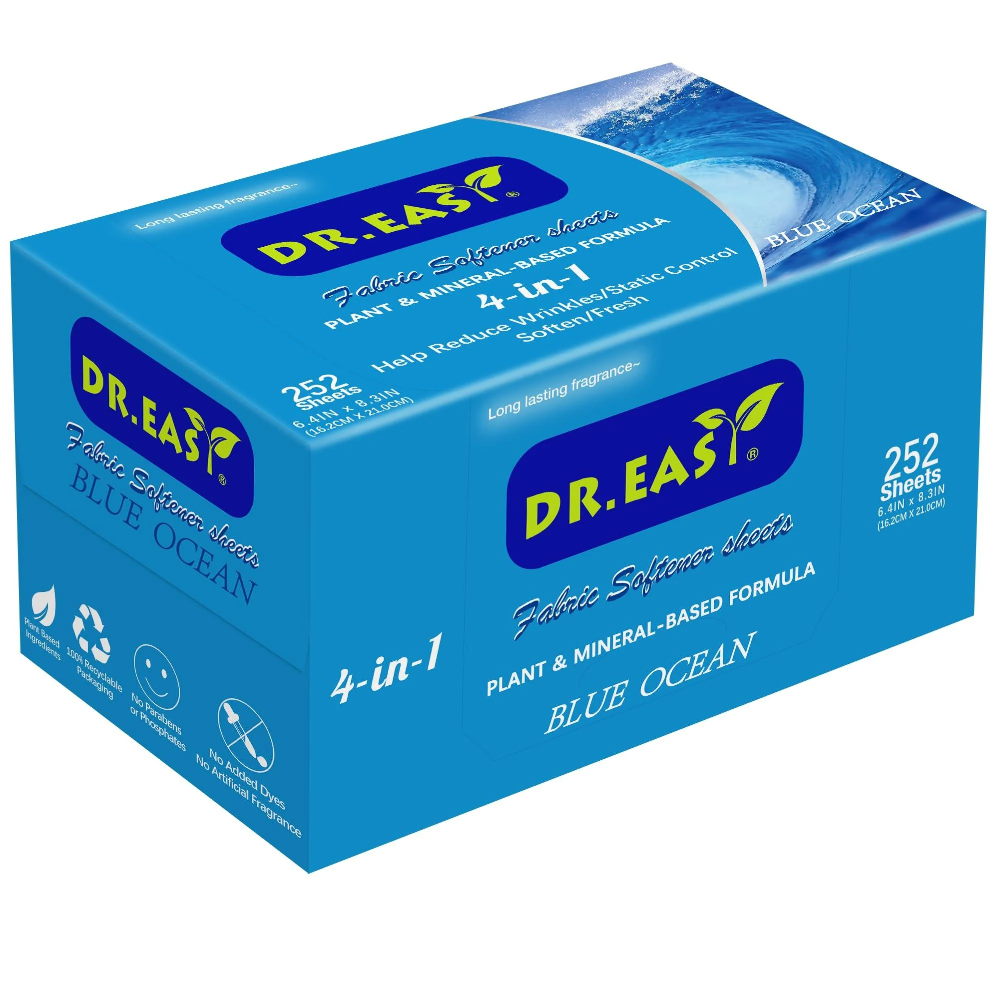 DR.EASY BLUE OCEAN Dryer Sheets Plant Based Formula 252 Ct Fabric Softener sheets for Laundry Essential Oil Scented No Dyes Reduce Static & Wrinkles Help Repel Pet Hair - DR. EASY