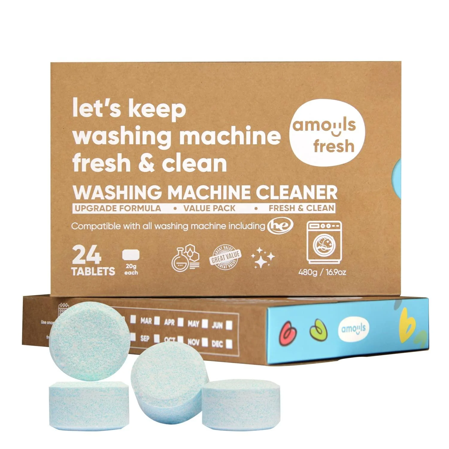 amoyls Washing Machine Cleaner | Removes Odors & Grime from Front & Top Loader Machines, including HE (Ocean - 24 Tablets)
