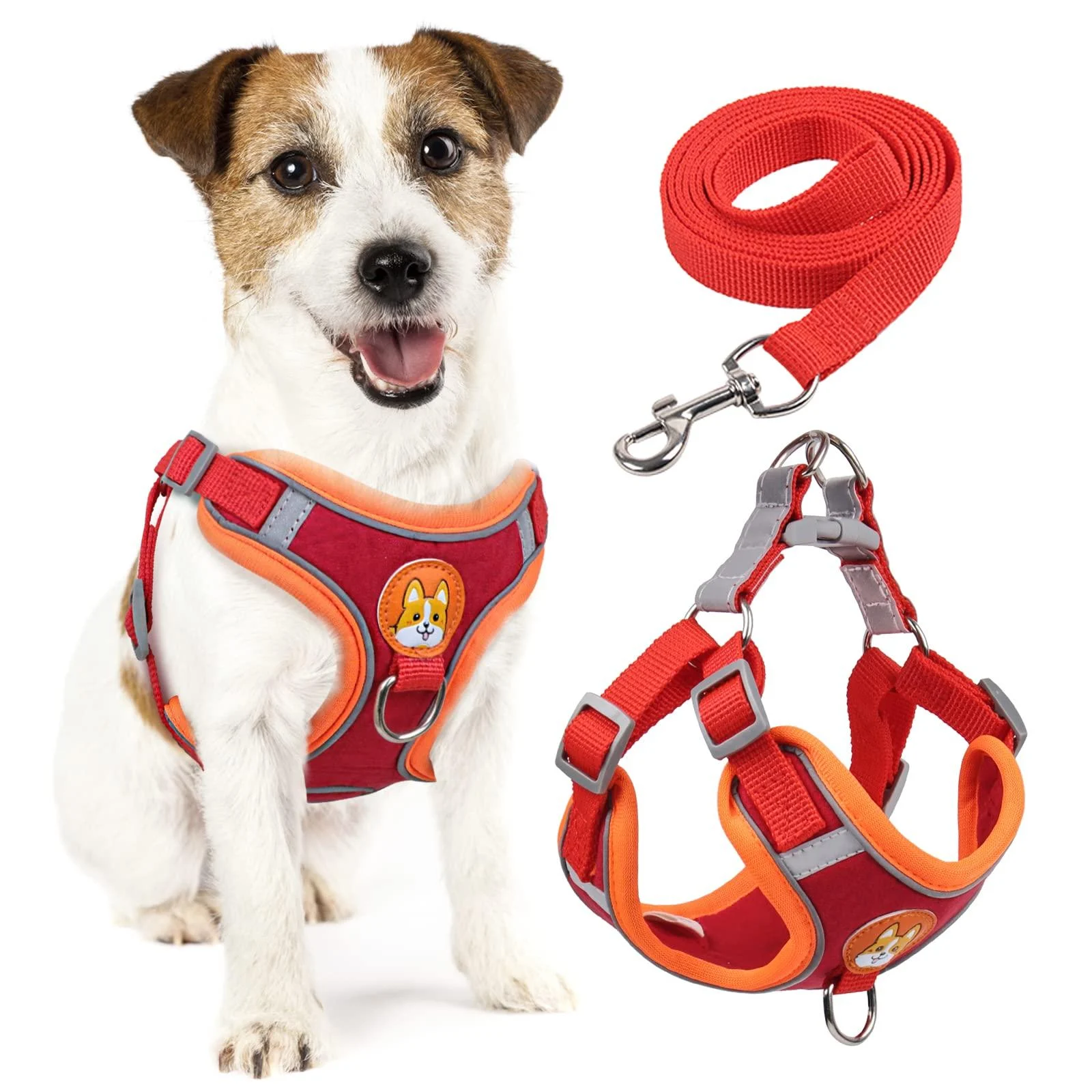 Rennaio dog harness no pull adjustable puppy dishes with 2 linen clips ultra comfortable chest harness and leash set for small and medium-sized dogs (red l) red l