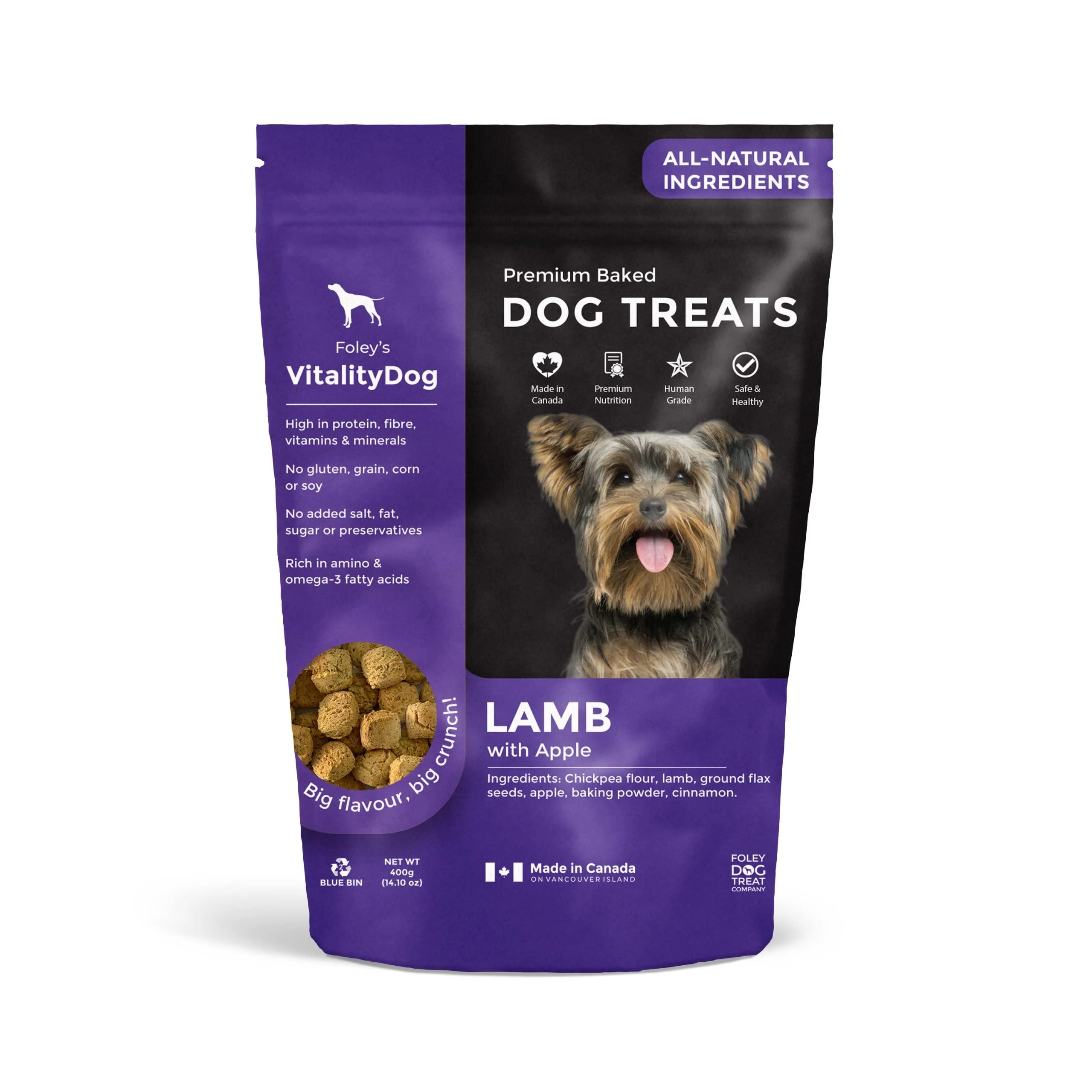 Vitality Dog Lamb with Apple - Premium Baked Dog Treats - Training Treats for Dogs Pet Treats Dog Snacks - Made in Canada Grain Free Human Grade 400g / 14.1oz Lamb with Apple 400 g (Pack of 1)