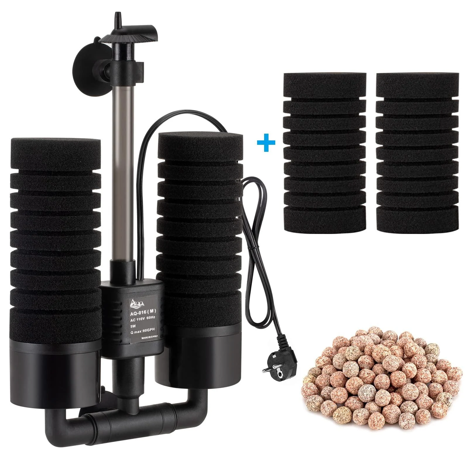 AQQA aquarium sponge filter 3/5W electrical aquarium filter quiet diving foam double sponge filter for biological and mechanical filtering (m) 5W for 55-210l