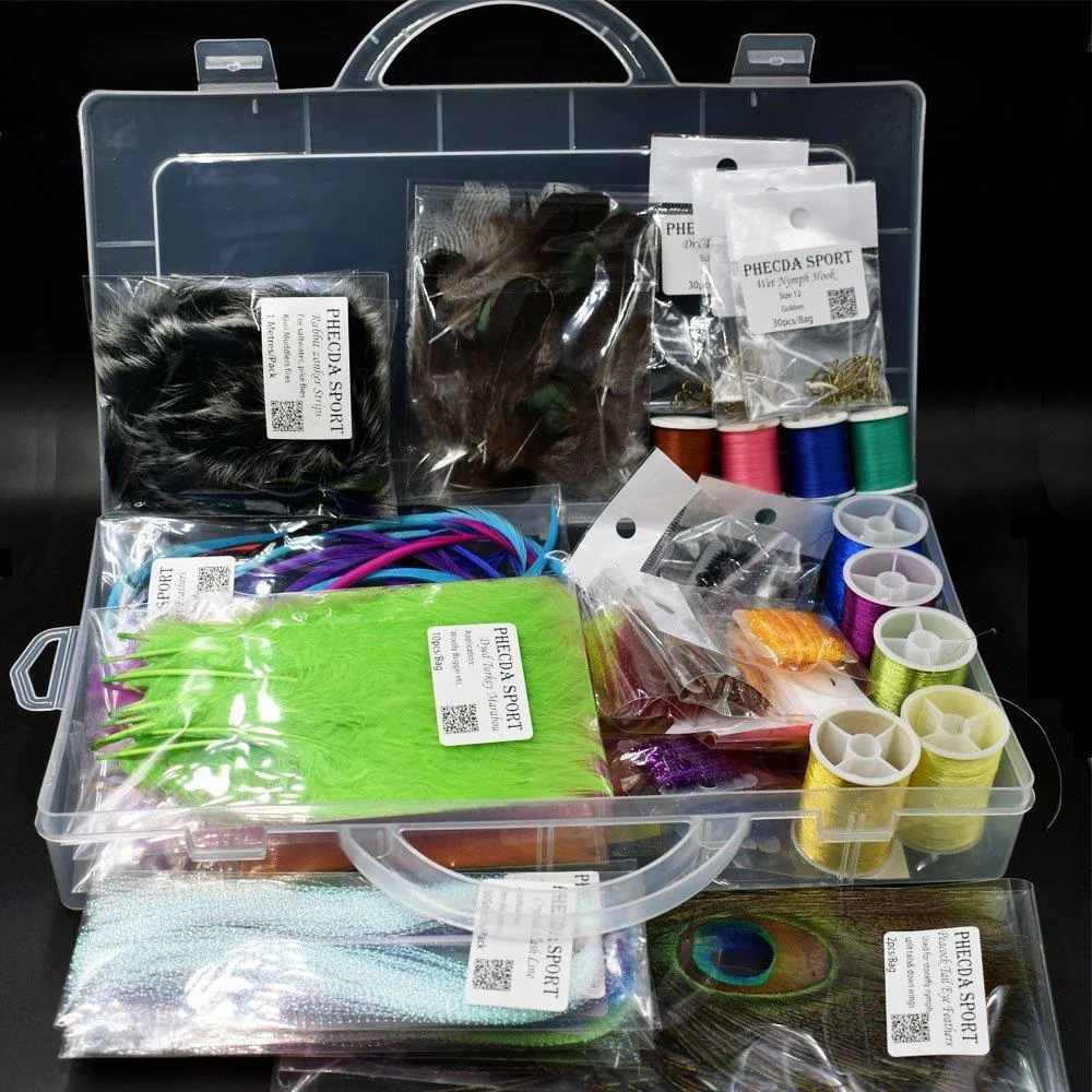 PHECDA PROFLY Feathers Fur Thread Crystal Flash Line Hooks Fly Tying Materials Starter Kits Fly Tying Materials Set