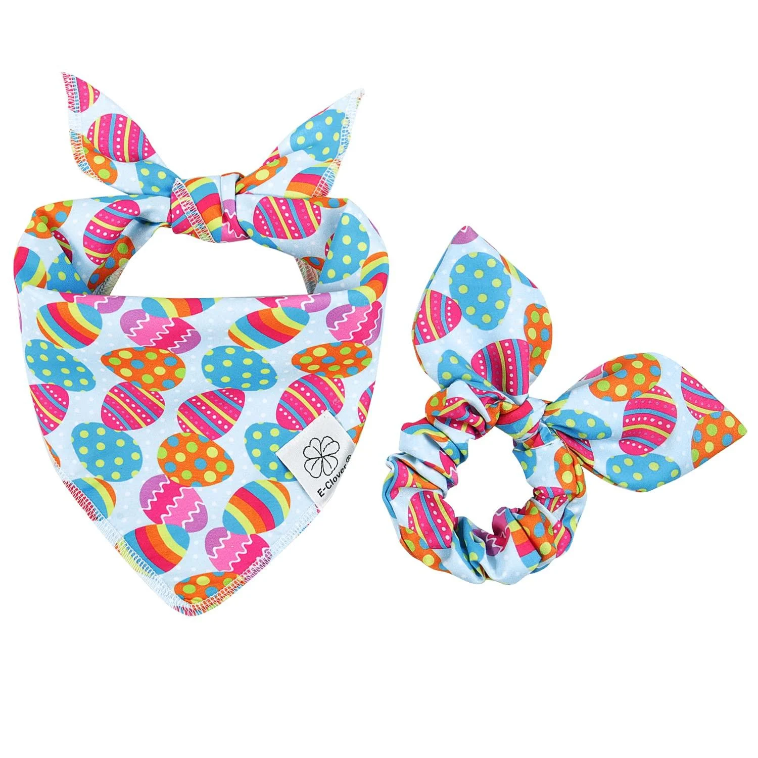 Easter Dog Bandana & Matching Scrunchie Set Egg Dog Bandanas Scarf with Bunny Hair Tie for Medium Large Dogs & Pet Owner Mom Gift easter-blue Large