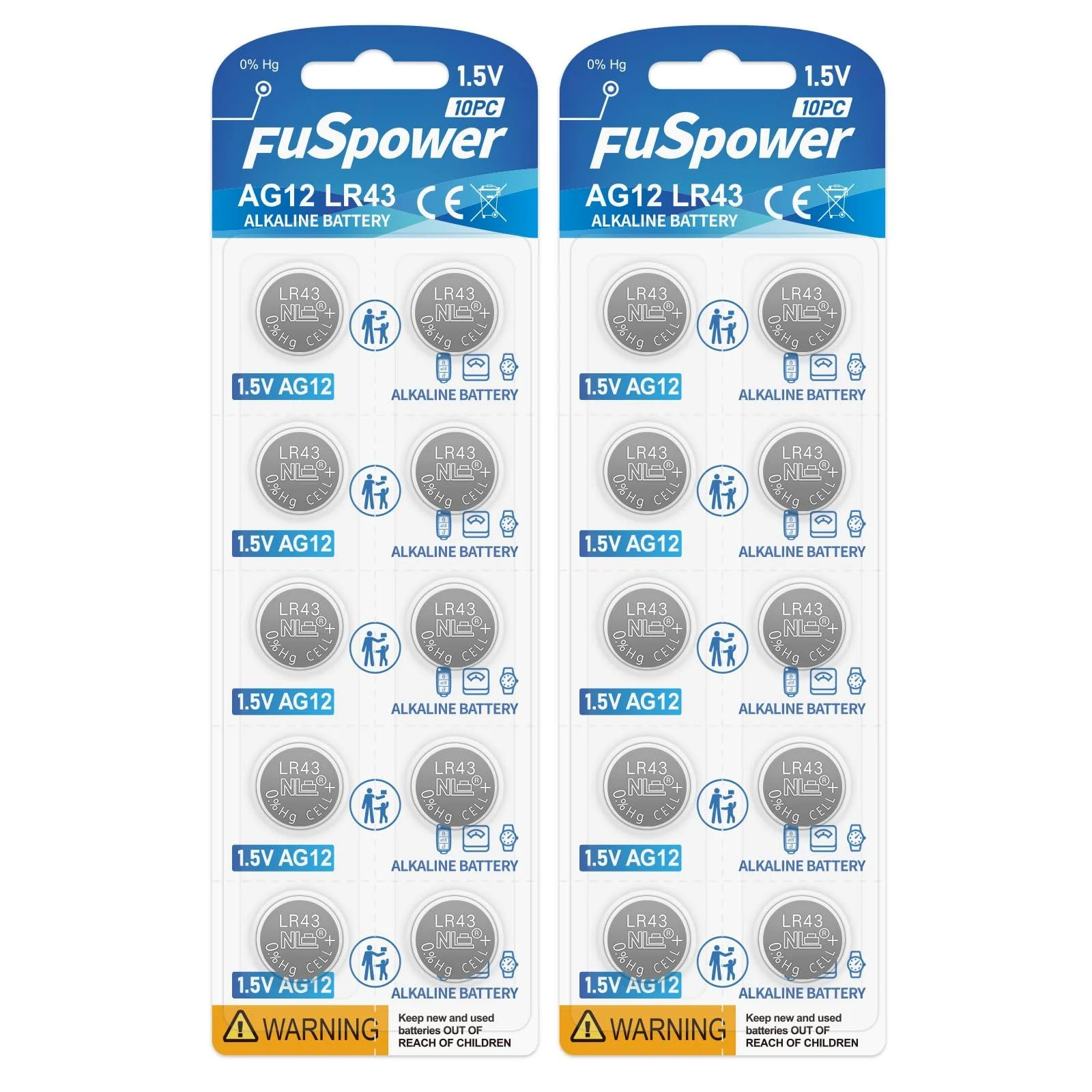 AG12 Batteries 1.5V Alkaline LR43 386 186 L1142 LR1142 Button Cell Watch batteries for Thermometer 20pcs - Fuspower