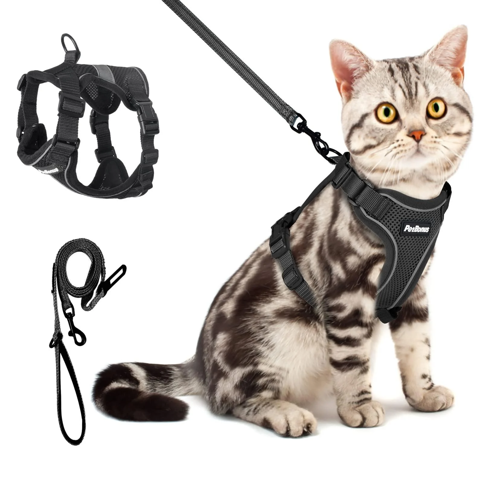 PetBonus Adjustable Cat Harness and Leash, Escape Proof Safe Breathable Pet Vest Harnesses for Walking, Easy Control Reflective Strip Comfortable Leash and Harness Set Jacket for Cats, Kitten, Kitty Black X-Small