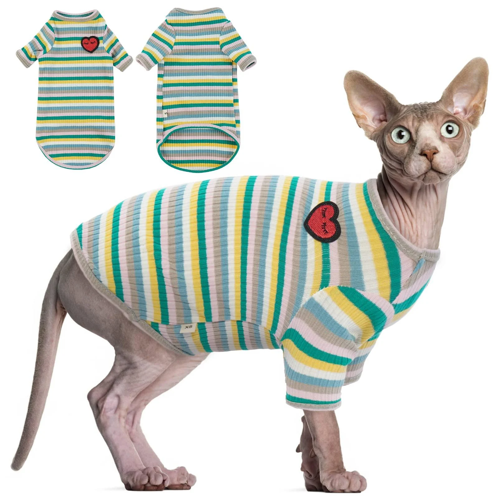 Hairless Cat Cotton Clothes Sphynx Breathable Summer T-Shirts Stripe Vest Pet Clothes Soft Stretchable Skin-Friendly Cats Apparel Cat's Pajamas Jumpsuit for Sphynx Cornish Rex Devon Rex Peterbald XL(9.9-11lbs) Green