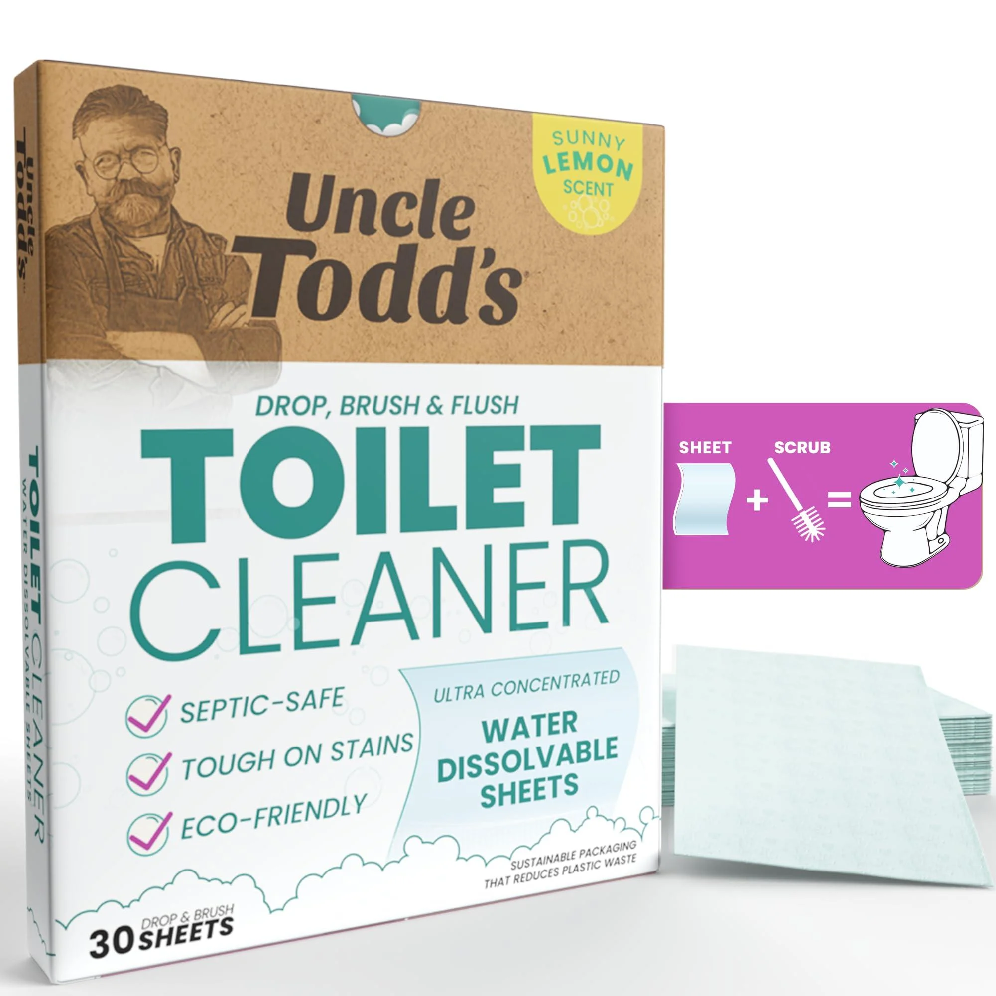Uncle Todd's Toilet Cleaner - 100% Dissolvable Sheets Planet-Friendly Drop Brush and Flush - 30 Sheets Plastic-Free Packaging Lemon