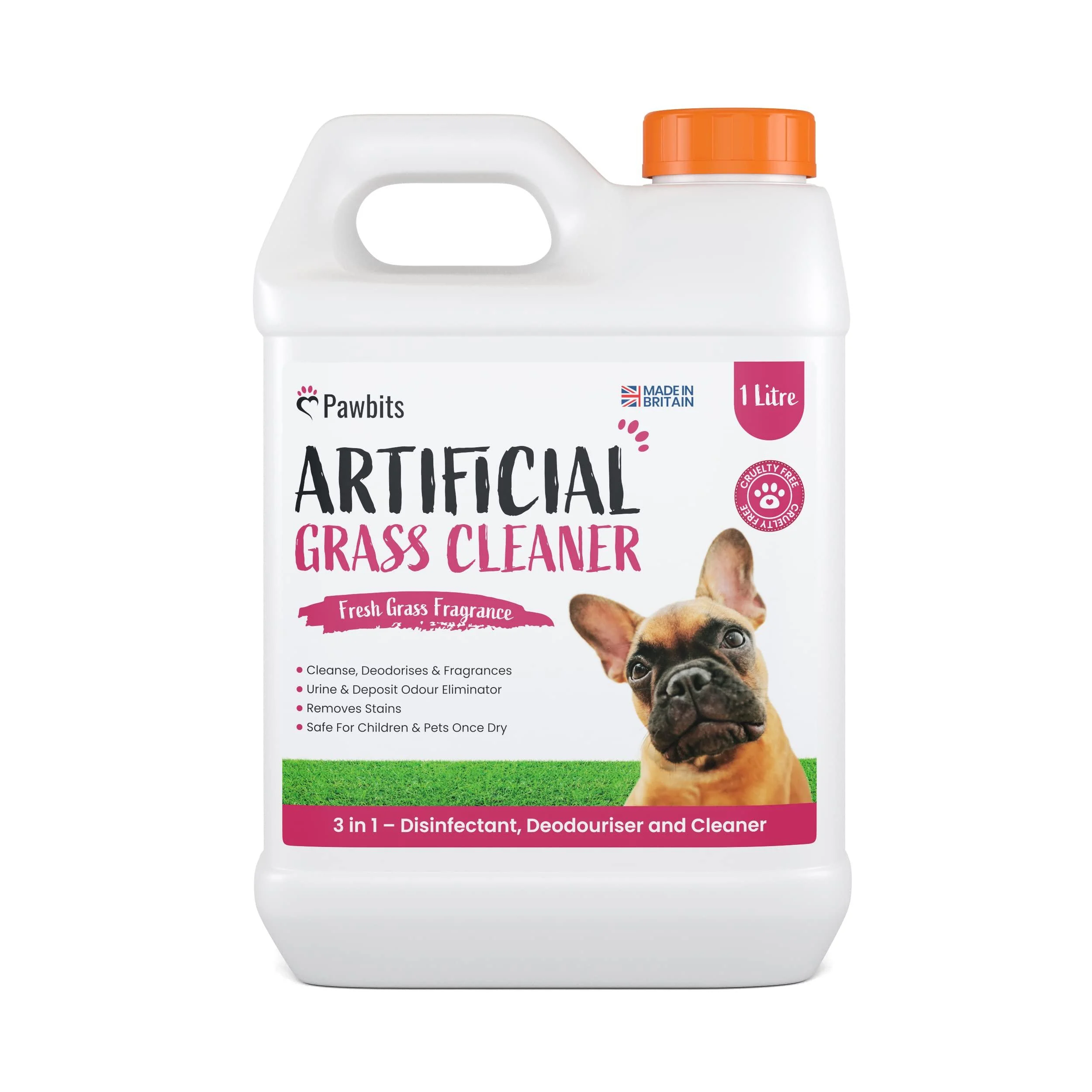 Pawbits Artificial Grass Cleaner For Dogs & Pets 1L Super Concentrated make 30L of Disinfectant & Deodoriser for Dog & Pet Urine Deposits Moss and Algae - Grass Scented Lawn Odour Eliminator