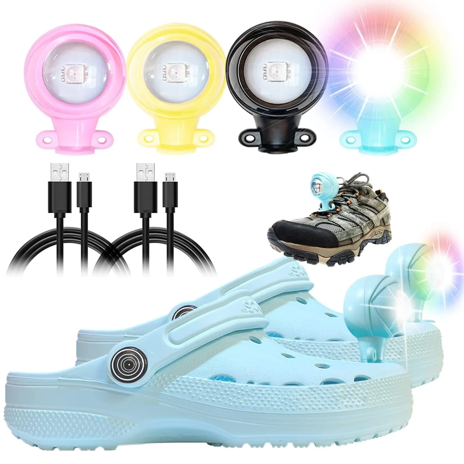 Cooo Croc Lights RGB Color LED Rechargeable Floodlights Superbright 2Pcs Shoe Headlights for Croc Charms High Lumen All-Scene-U,Camping Accessories,Dog Walking Light, Hiking,Night Trail Running Blue