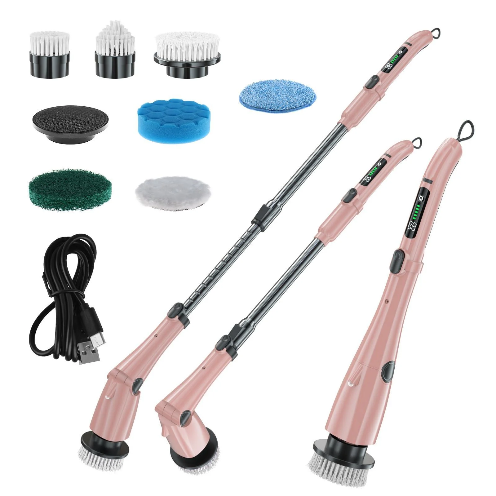 Electric Spin Scrubber Intelligent Electriccleaning Brush with 9 Replaceable Brush Heads and Extension Handle 3 Gears Adjustment Real-time Power Display 4000mAh Power Scrubber for Home Rose Gold