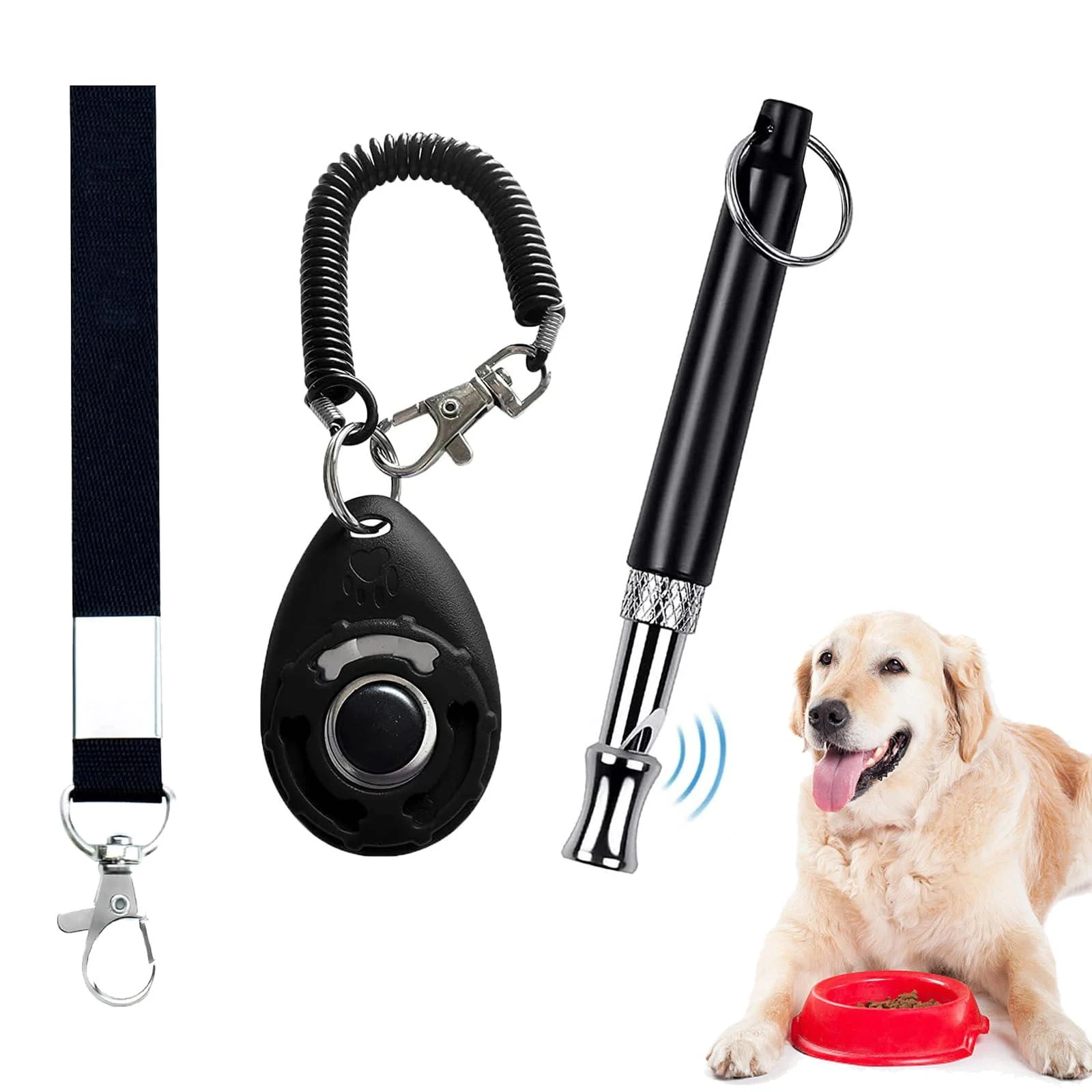 Professional Dog Whistle and Dog Clicker Set Supersonic Dog Training Whistle for Recall with Black Lanyard Adjustable Frequency Puppy Clickers for Training Stop Barking Pet Obedience(2 Pieces) - WanderGo