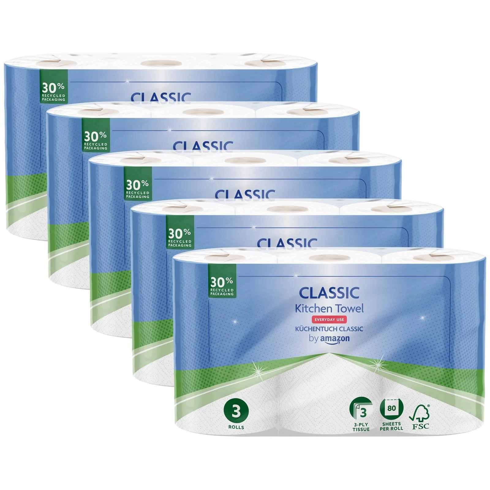 by Amazon Classic Kitchen Roll 15 Rolls (5 Packs of 3) 80 Sheets per Roll 15 Rolls (5 Packs of 3)