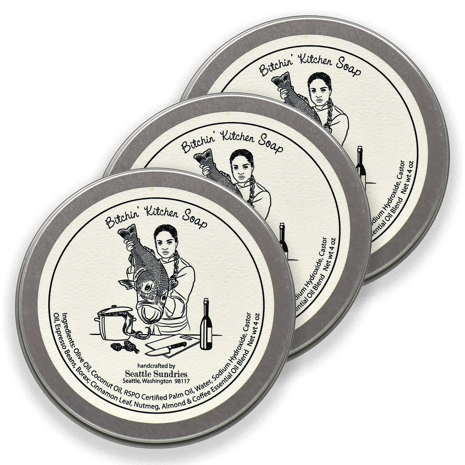 Solid Dish Soap Bar Chef Gift for Cook 3x (4oz) Kitchen Hand & Dish Bar Soap in a Low Waste Gift Tin Scented with Pure Essential Oils Pack Bundle Set - Seattle Sundries