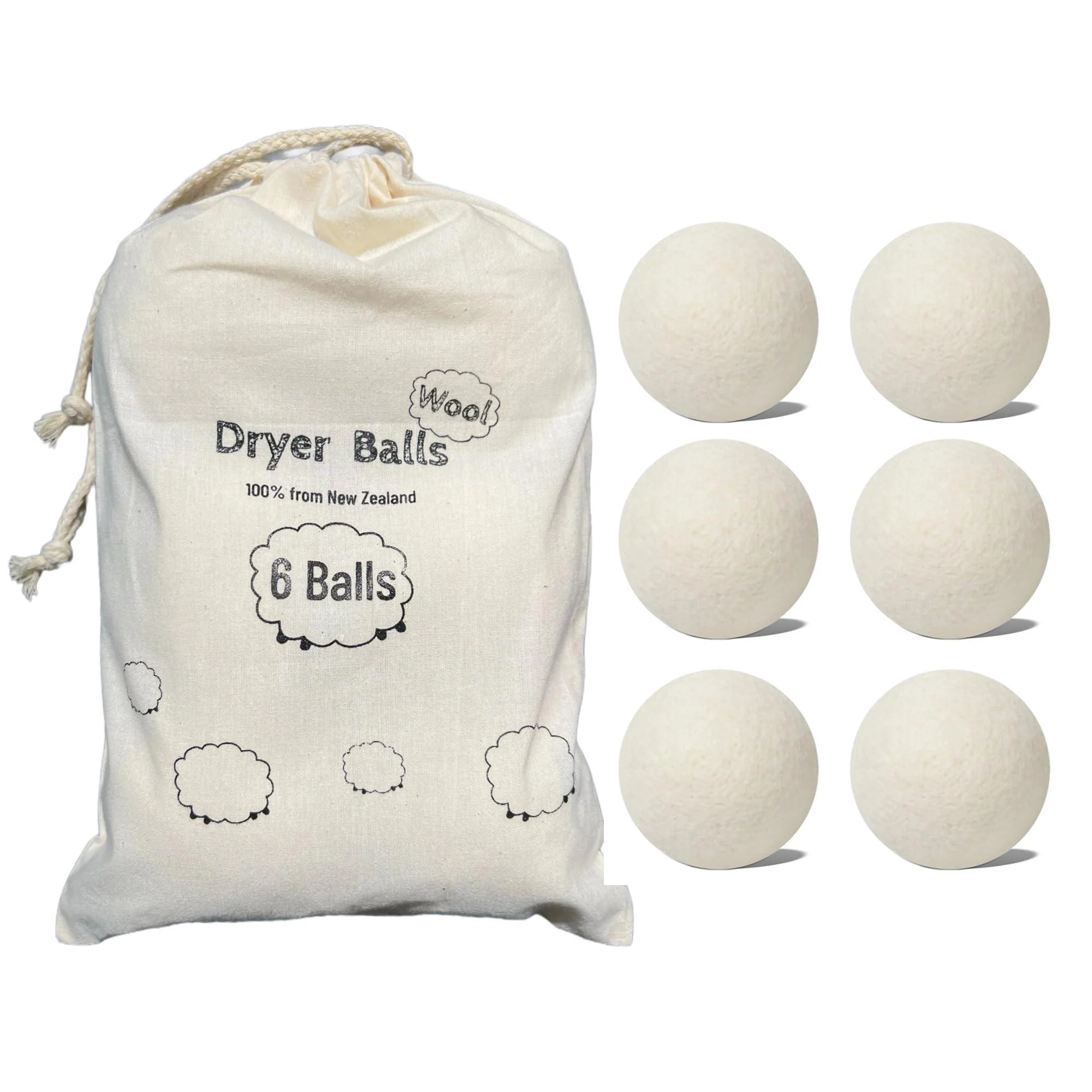 Dryer Balls 6-Pack - XL with Storage Bag Premium Wool Selected for Ball Material Laundry Balls Softener for Clothes Drying Reusable Rainy Season Solution Anti-Static (White Pack of 6) Pack of 6 White