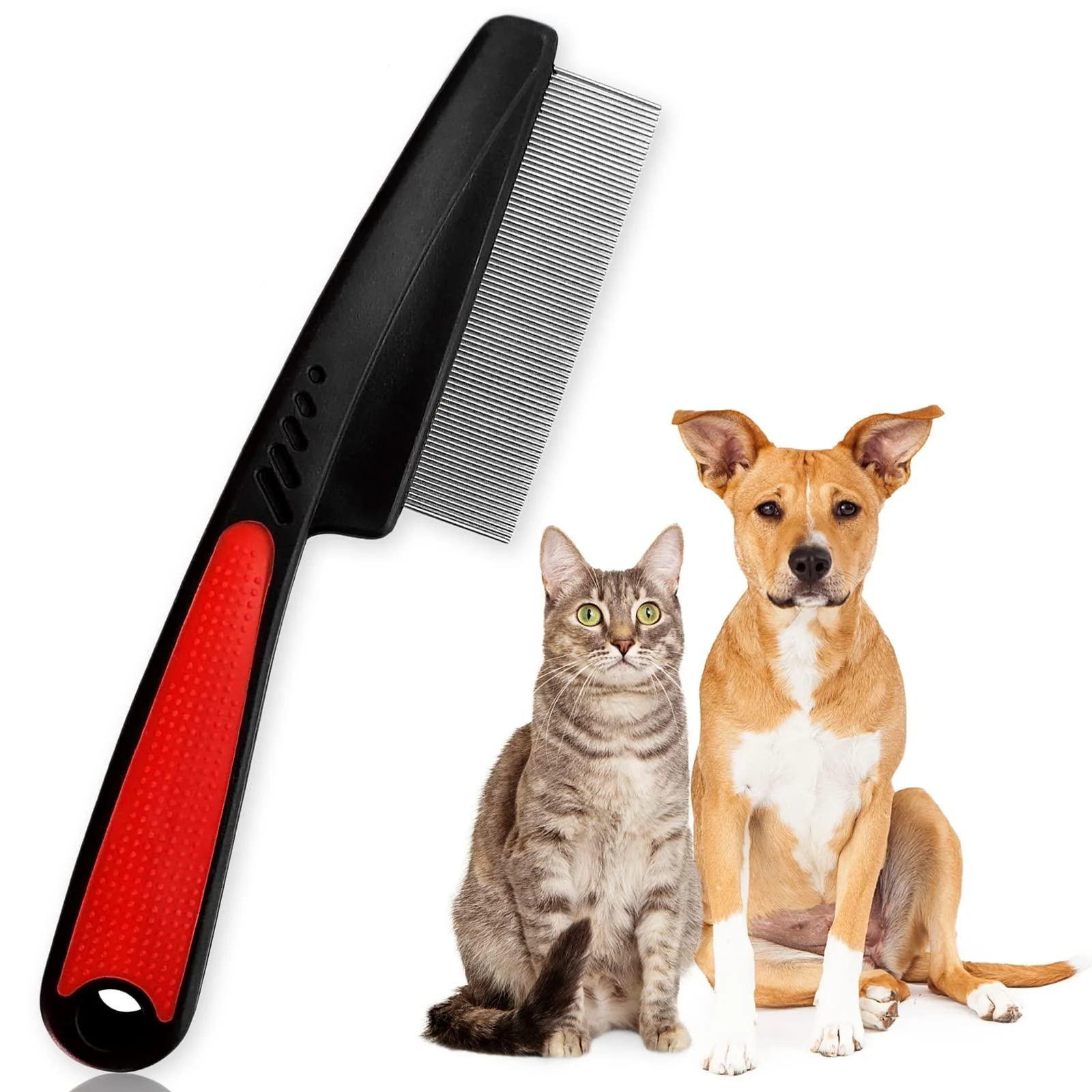 ExceLife Flea Comb for Dogs Cats Rubber Handle Dog Hair Comb Stainless Steel Grooming Brushes for Removing Tear Stains Fleas Dandruff Lice (Red)