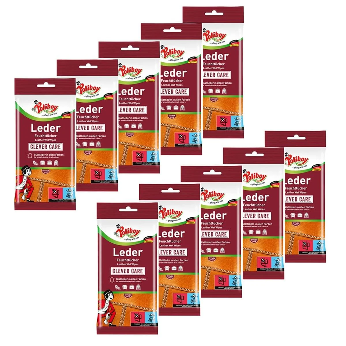 Poliboy - Leather care towels - for all smooth leather in all colors - wet wipes - 10 -pack - 10x20 pieces (200 towels) - Made in Germany
