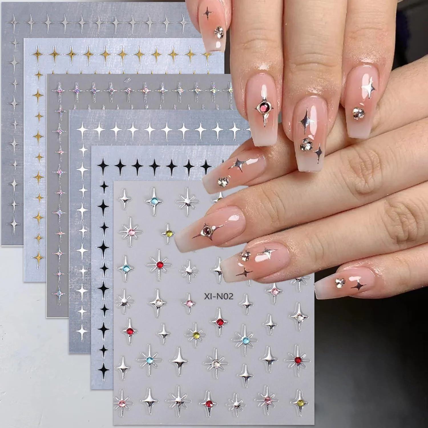 Star Nail Stickers for Nail Art 3D Glitter Starlight Self-Adhesive Nail Design Decals 6Pcs Laser Gold Silver Black White Stars Nail Art Stickers with Rhinestones Star Stickers for Manicure Supplies star-2