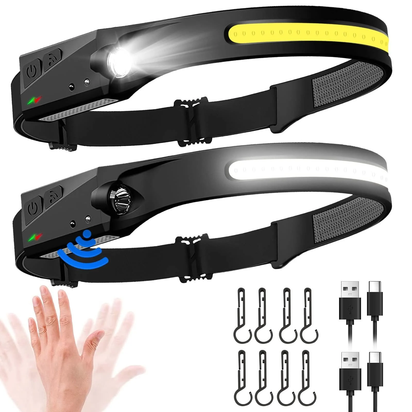 Rechargeable Headlamp 2 Pack, 230 Wide Beam LED Head Lamp with Motion Sensor, 1000 Lumen Bright Headlight for Adults & Kids, Hardhat, Camping, Running, Hiking - BOGRAND