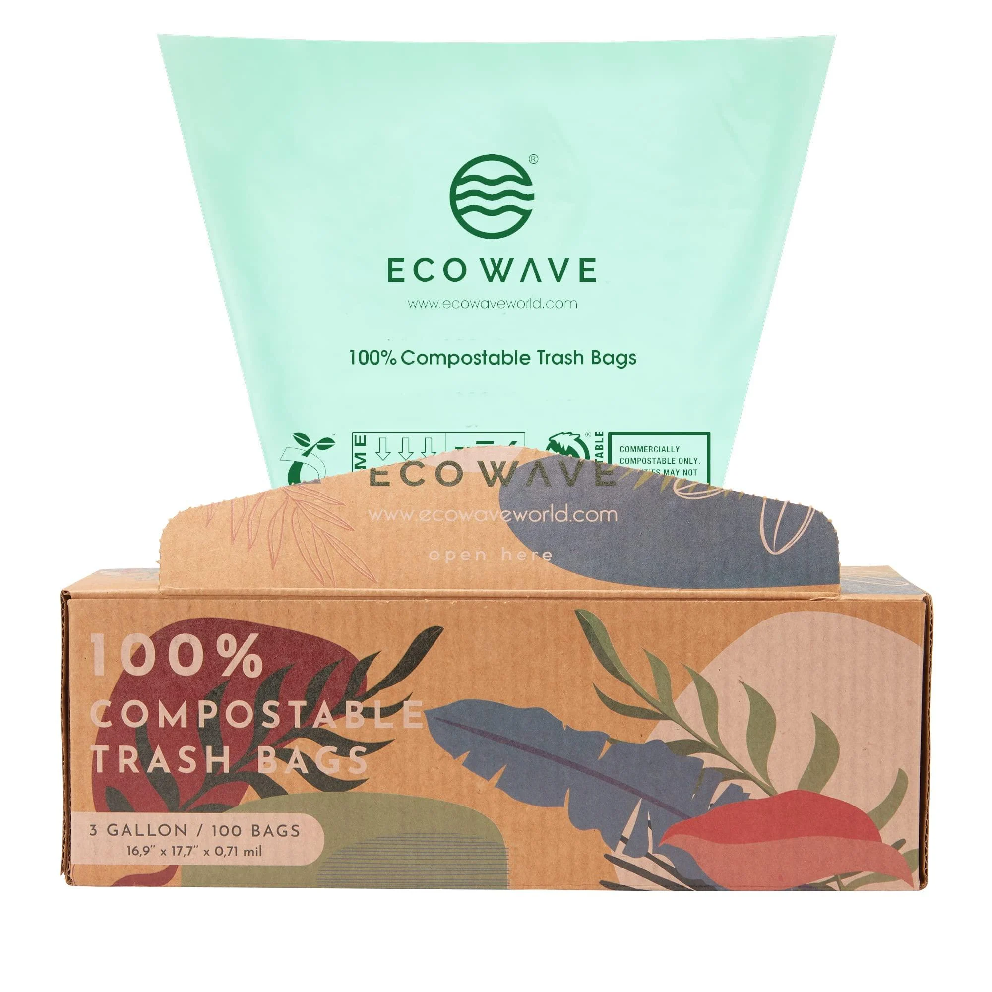 ECO WAVE 100% Compostable Trash Bags, 3 Gallons, 100 Bags, ASTM D6400, EN 13432, US BPI and Europe OK Compost Home Certified