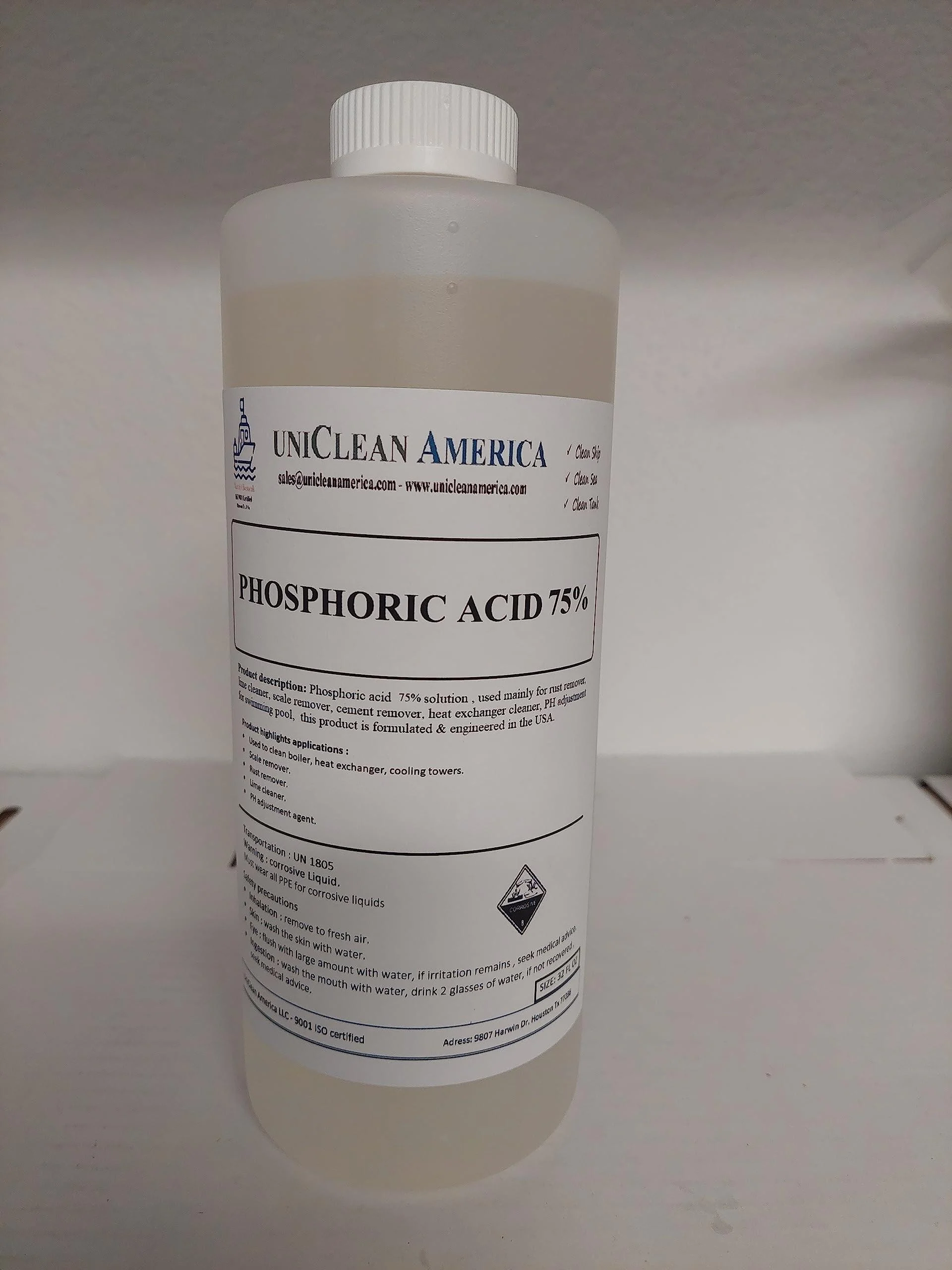 Phosphoric Acid 75% USA - Rust Remover - Lime Cleaner - Scale Remover - PH control (decrease) - Acid Cleaning - Pickling and passivations of steels. (size: 32 fl oz)
