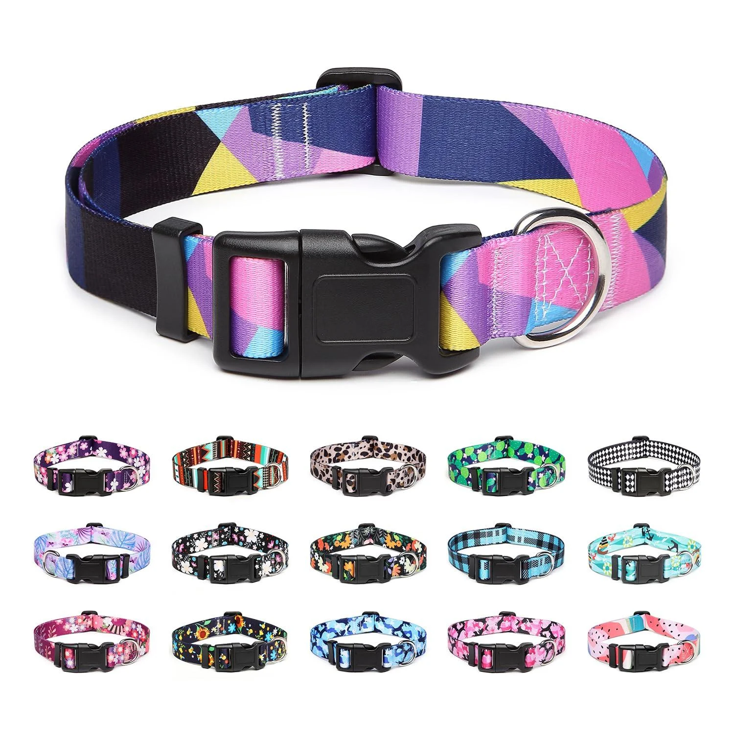 Mercano dog collar adjustable soft nylon comfort & robust patterned dog collar for small medium -sized dog puppies cats (m geometric purple) m geometrical purple