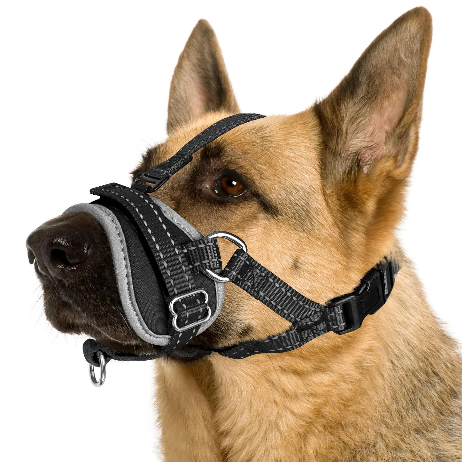 NASJAC Dog muzzle - soft nylon muzzle for small medium -sized dogs - adjustable reflective dog mowing cover with connecting belts bite bark chewing M black with headband