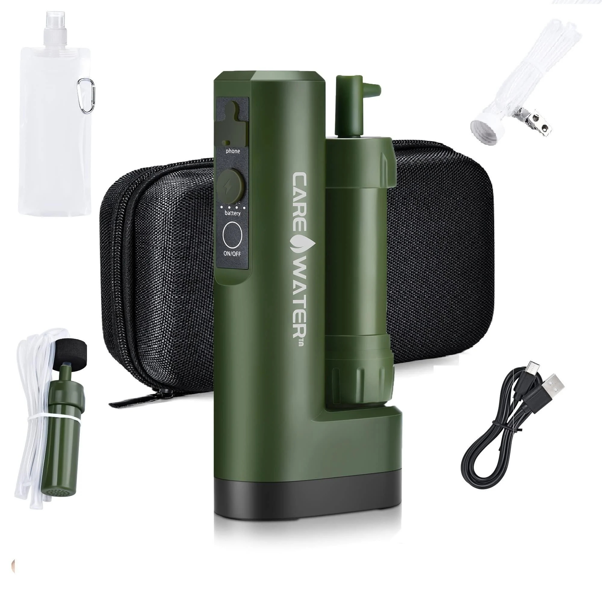 CaredWater Electric Portable Water Filter Purifier Survival for Camping Backpacking Hiking Travel Water Filtration System Survival Gear with Backup Option and Emergency Phone Charger Electric Water Filter Survival
