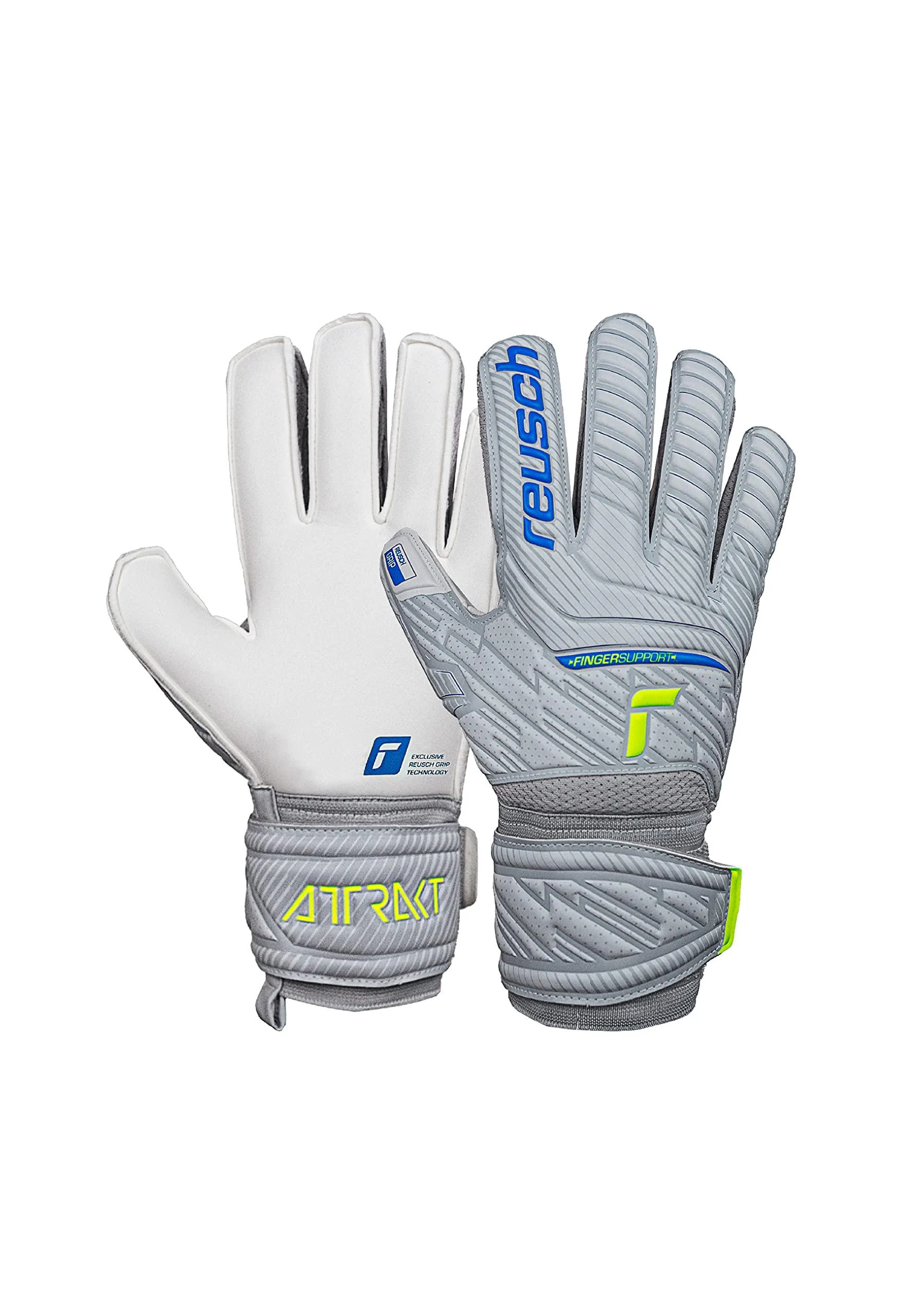 Reusch men attract finger support unisex goalkeeper gloves with outer seam cut and grip surface suitable for all field surfaces football gloves with finger protection for adults light gray - blue - yellow 8