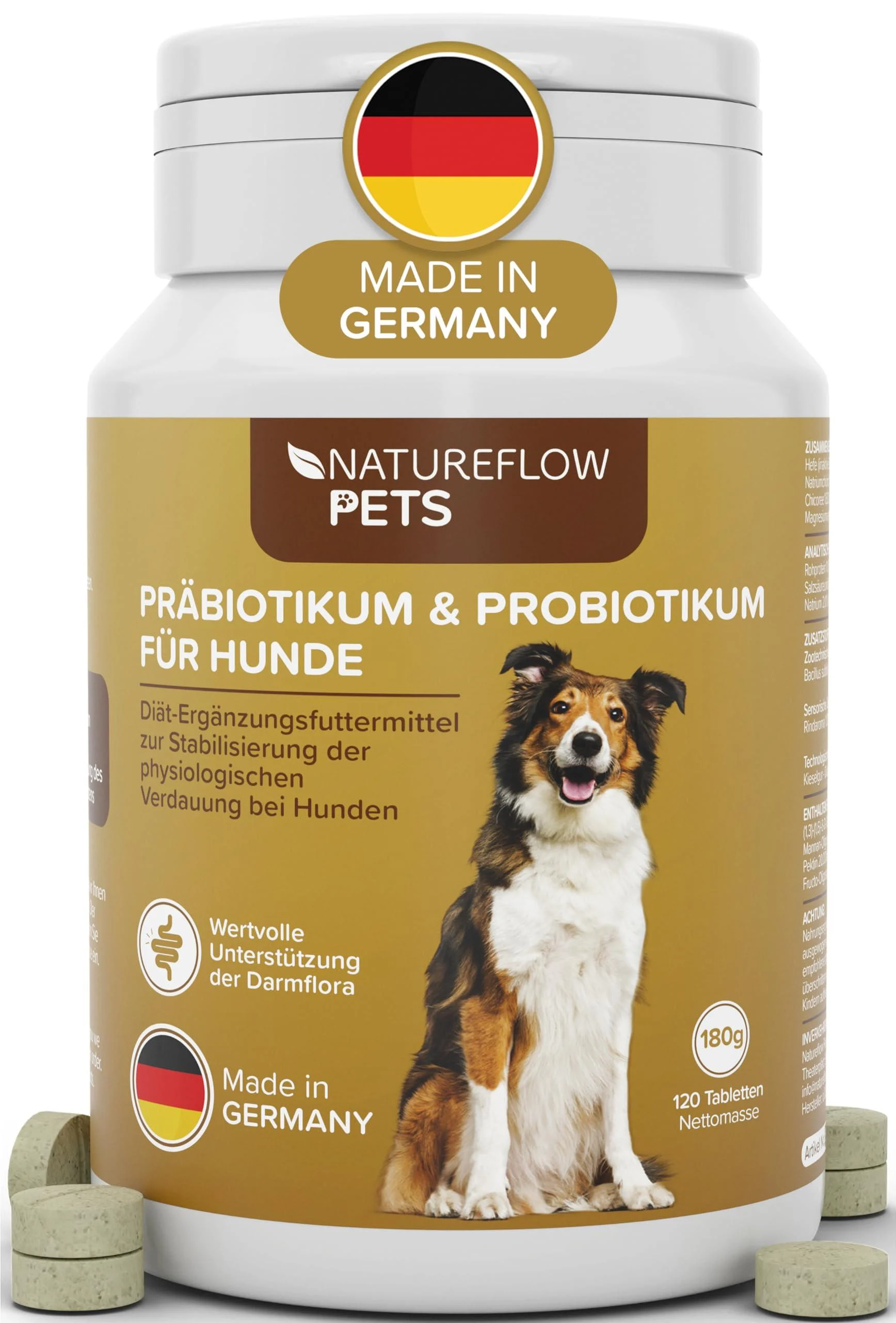 Probiotics intestinal renovation for the dog - Premium quality made in Germany - Probiotics dog - 120 tablets for improved digestion & immune system - Dog intestinal flora build up with natureFlow pets