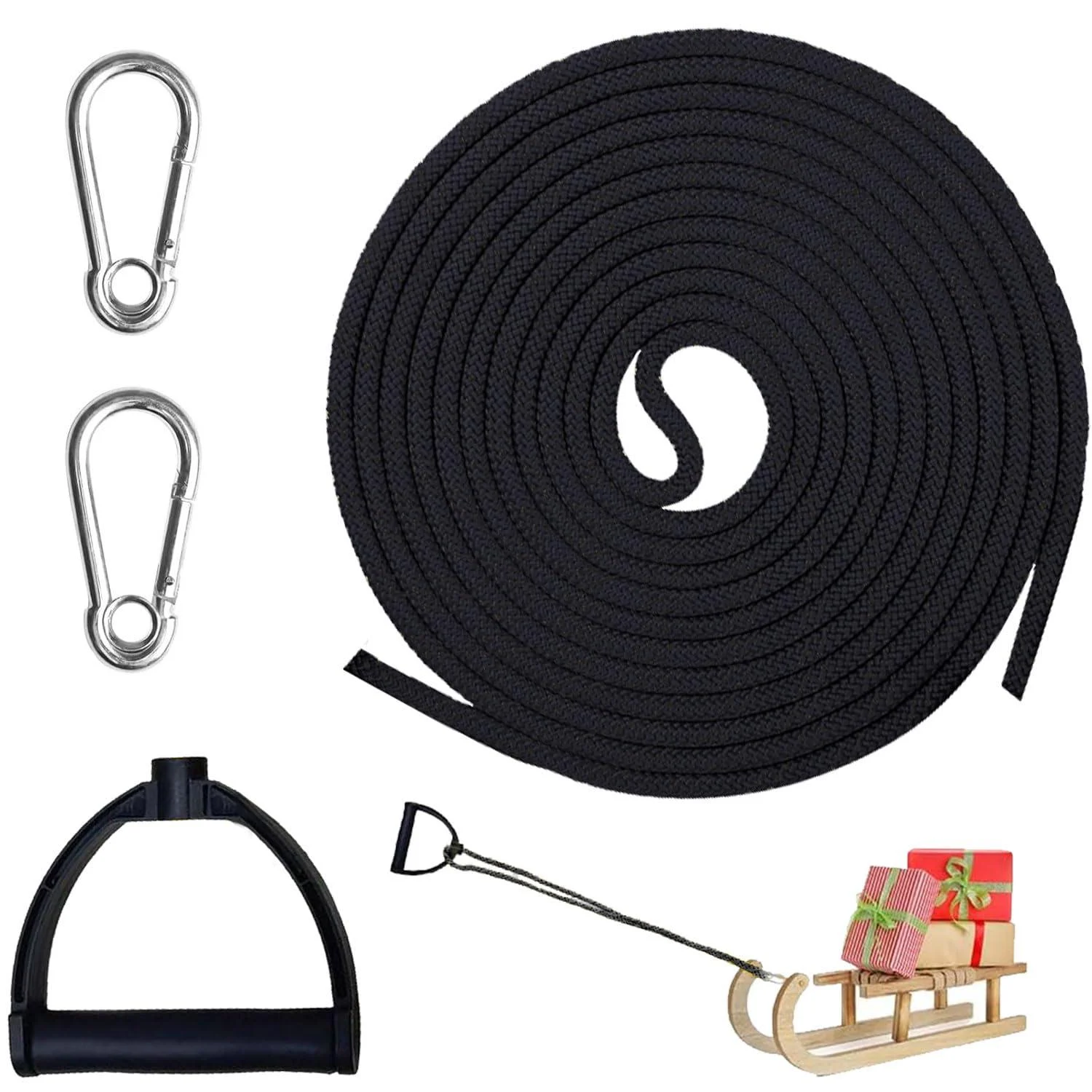 Slide rope 4m sled rope with carabiner diameter 8mm sledge pull rope sled rope rope sled linen sled rope with handle premium sled leash pull rope with handle 4m-8mm black
