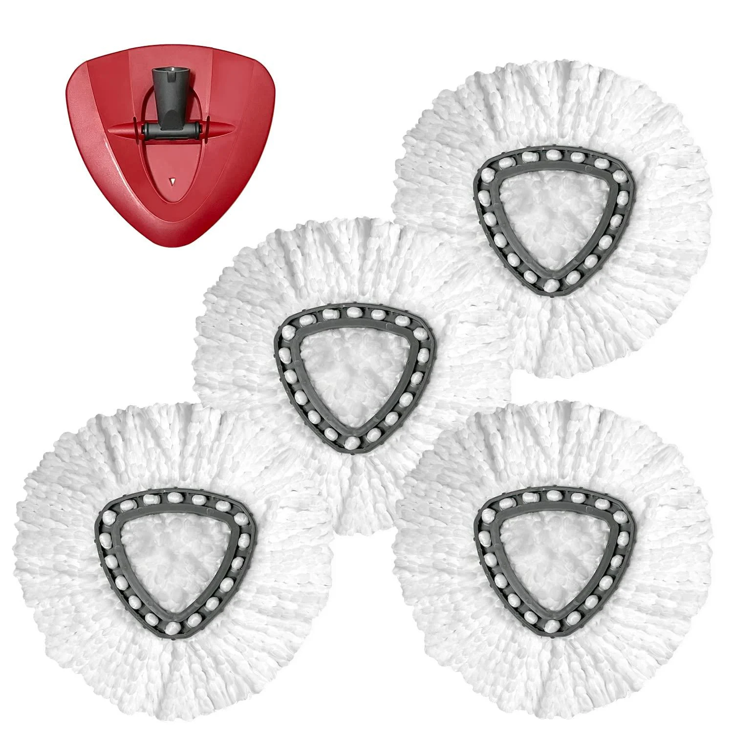 Spin Mop Replacement Head - 4 Pack EasyWring Mop Refills Compatible with Triangle Spin Mop - Microfiber Mop Easy Cleaning Floor Head Mop for Floor Cleaning Includes 1 Rotating Mop Base 4 Pack White With Base