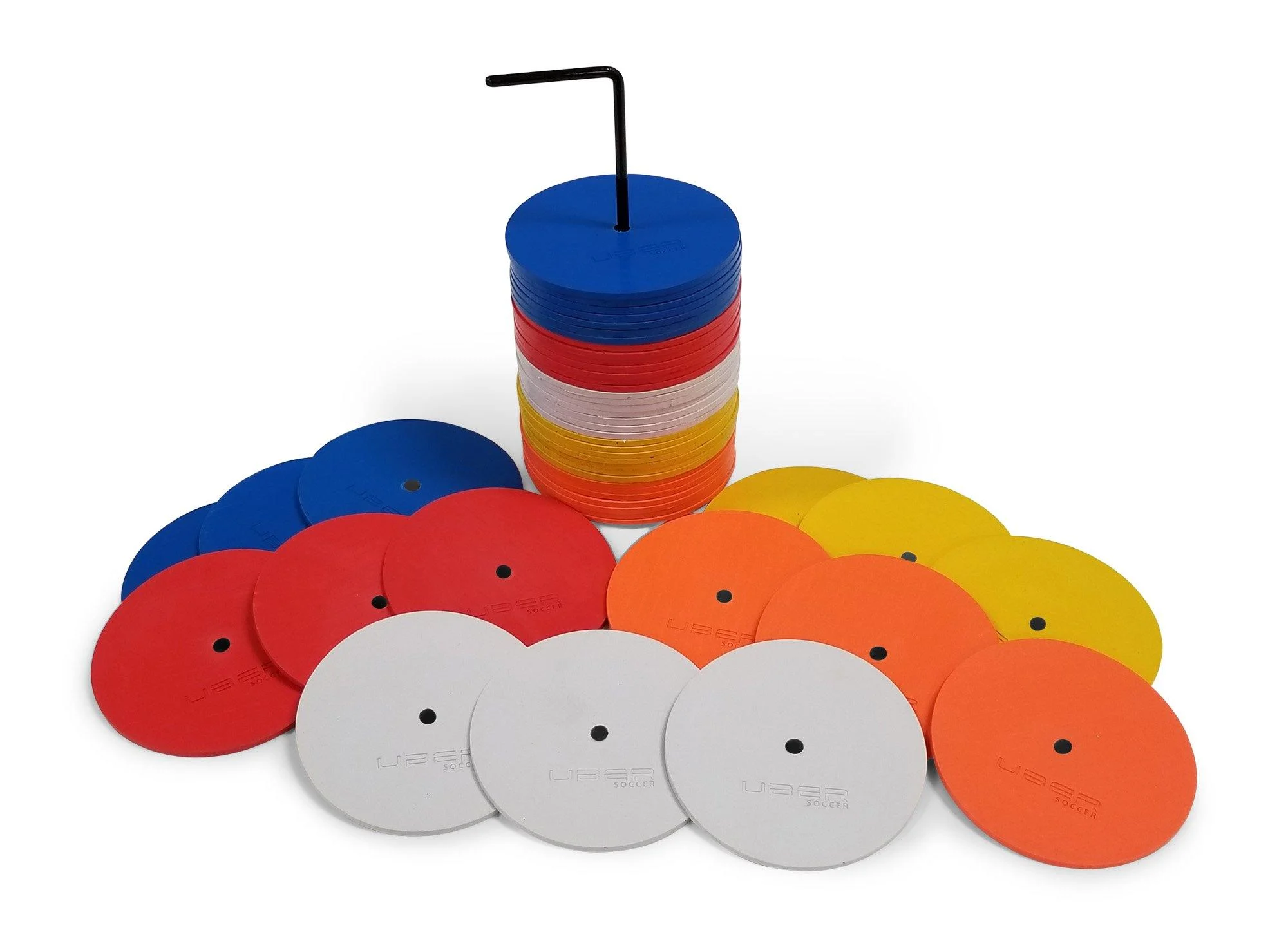 Uber Soccer Mini Flat Spot Markers (Orange White Yellow Red Blue) - 50 Pack