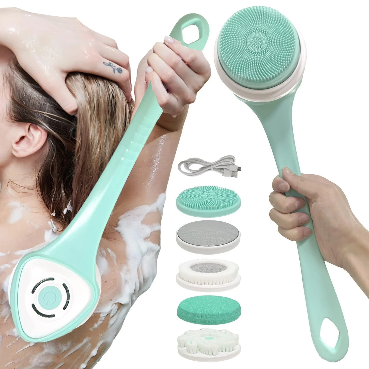 Electric Body Brush Spin Scrubber for Shower Bathing Cleansing Wash Deep Cleaning with Siliconewith 5 Attachments Brush Heads Rechargeable IPX67 Waterproof (Green) - PeaMirmy