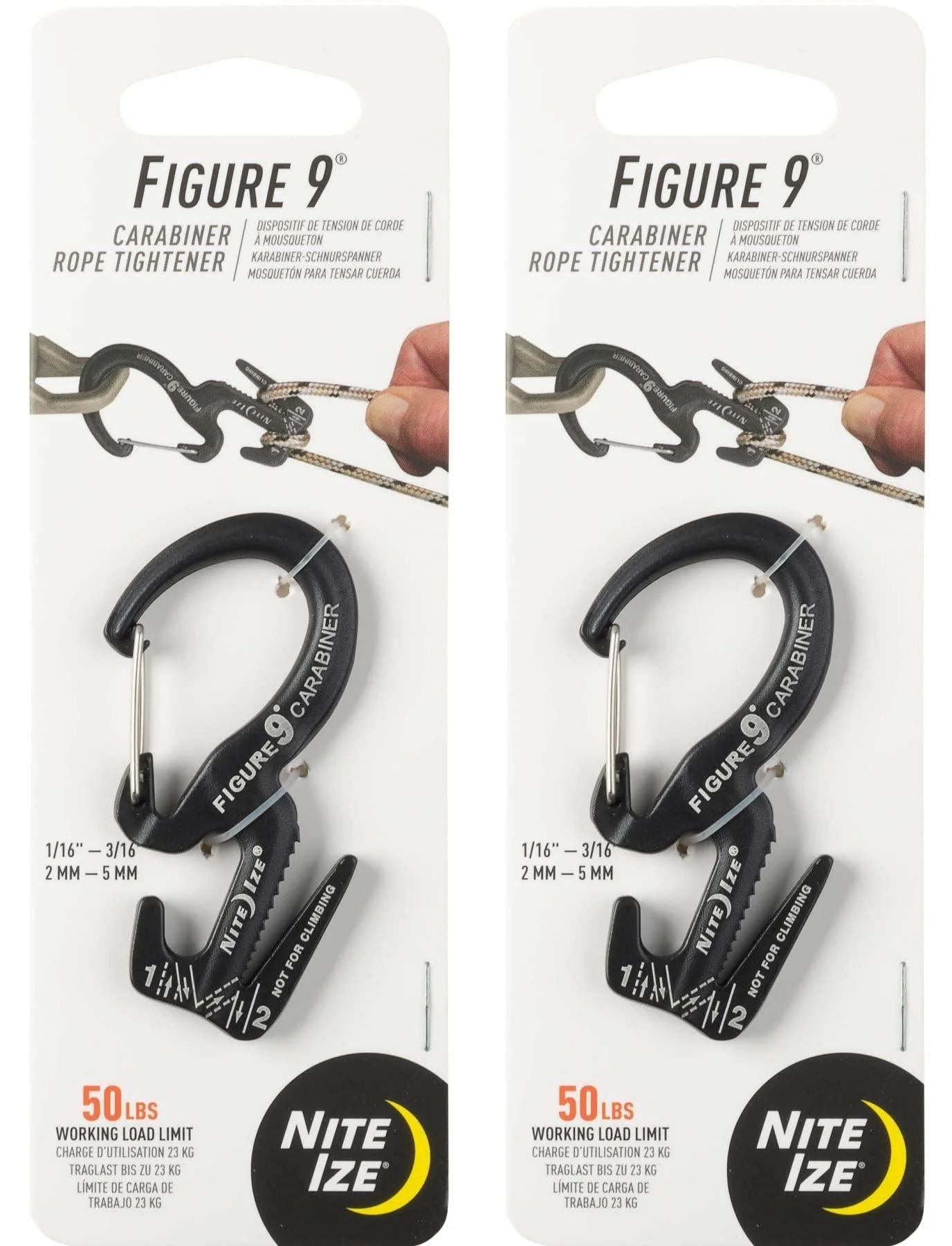 Nite Ize Figure 9 Carabiner Rope Tightener, Small - Black (2-Pack)