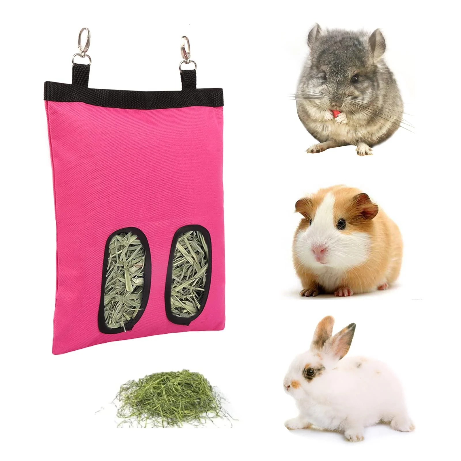 Kaket Rabbit Hay Feeder Bag Guinea Pig Hay Feeder with Swivel Hooks Hanging Feeder Bag for Rabbit Guinea Pig Chinchilla (Pink)