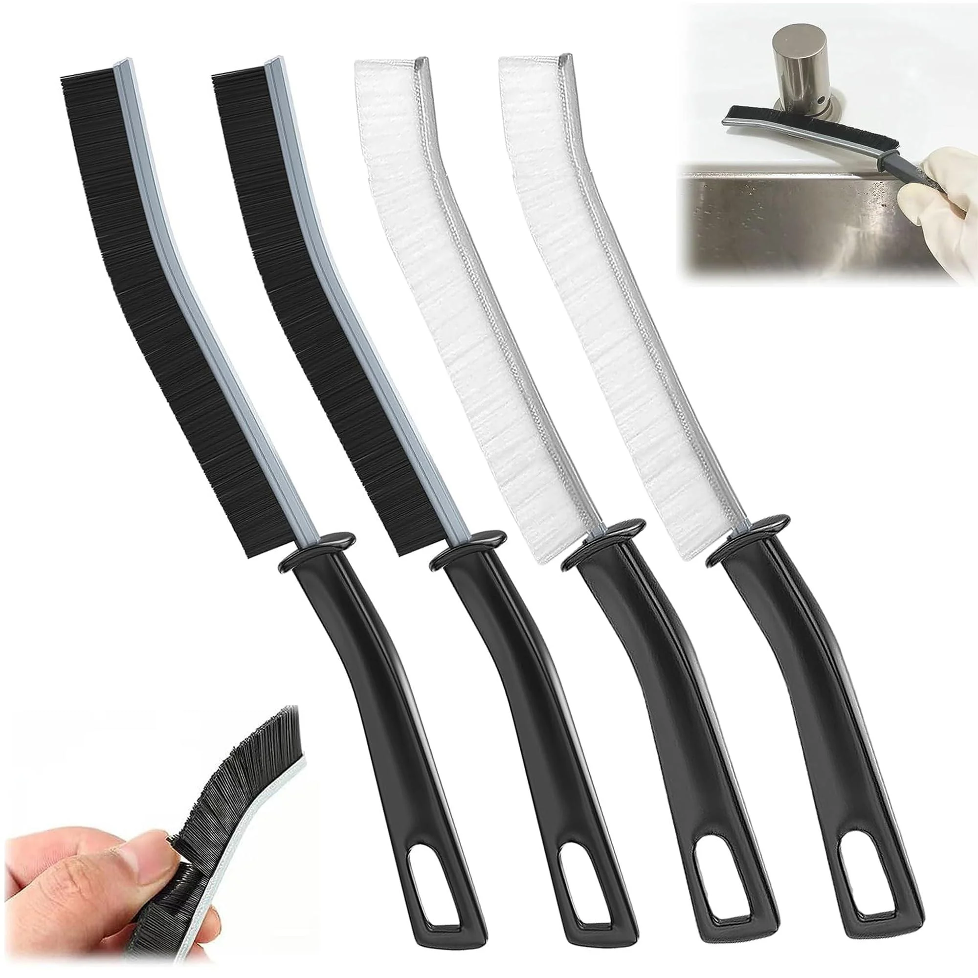 Hard Bristle Crevice Cleaning Brush: 4Pcs Long Handle Gap Cleaning Brush - Multifunctional Grout Cleaner Brush Household Crevice Cleaning Tools - Small Cleaning Scrub Brush for Corner Kitchen Bathroom 2 Black & 2 White