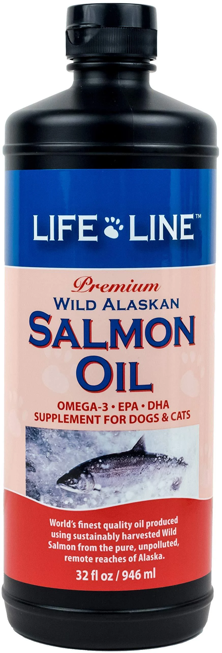 Life Line Pet Nutrition Wild Alaskan Salmon Oil Omega-3 Supplement for Skin & Coat Supports Brain, Eye & Heart Health in Dogs & Cats 32 oz