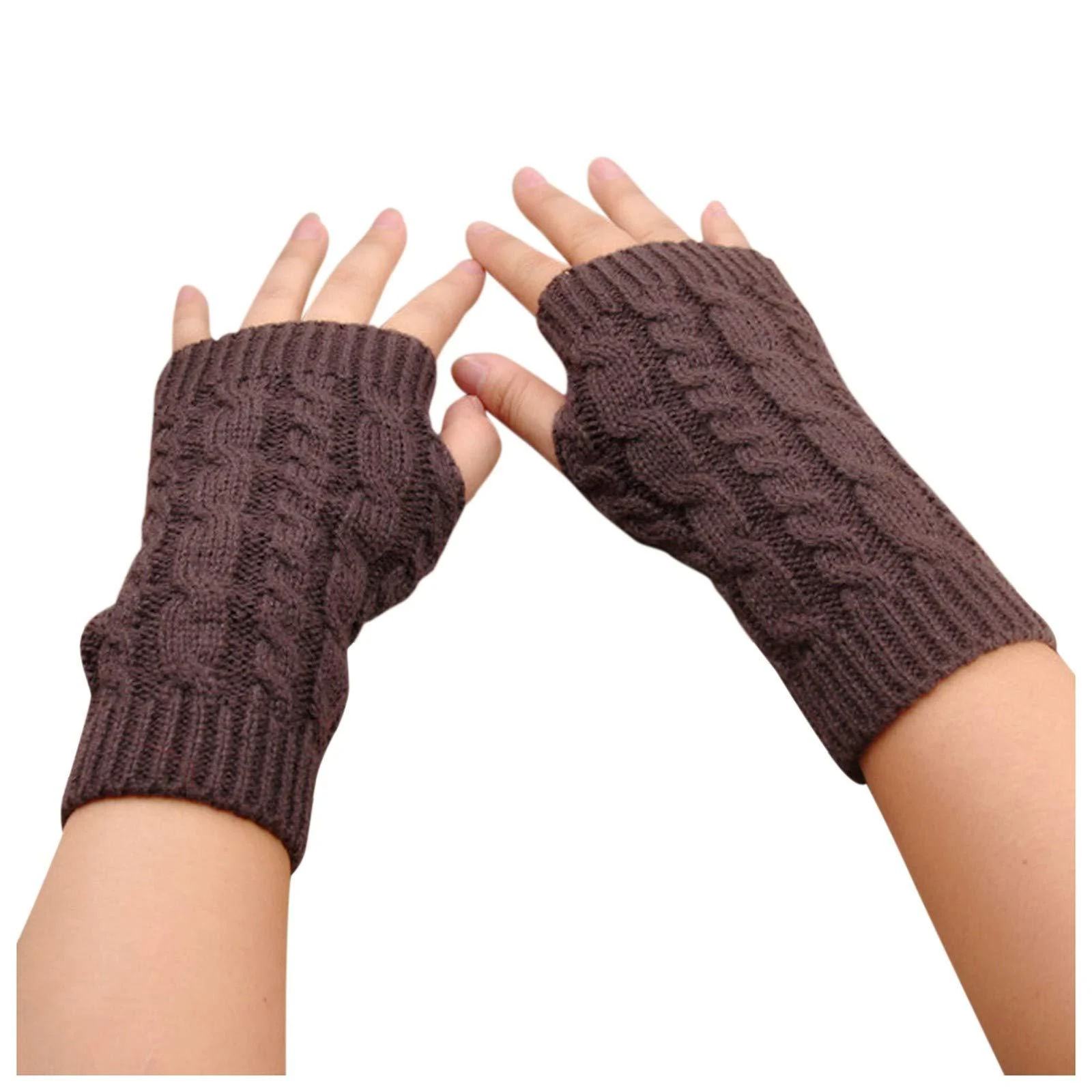 BCDlily Womens Knitted Stretch Fingerless Gloves Winter Warm Thumb Hole Knit Mitten Mitts Coffee