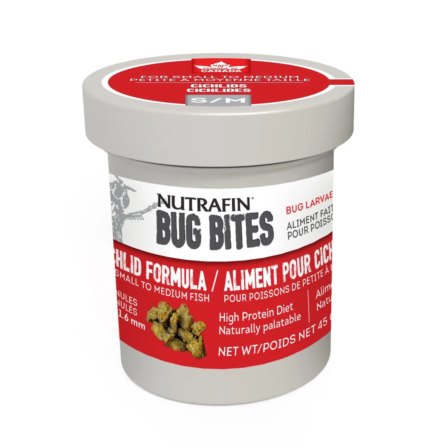 Nutrafin Bug Bites Small to Medium Fish Food Cichlid Formula 45g (1.4-1.6 mm granules) Ginger Cichlids