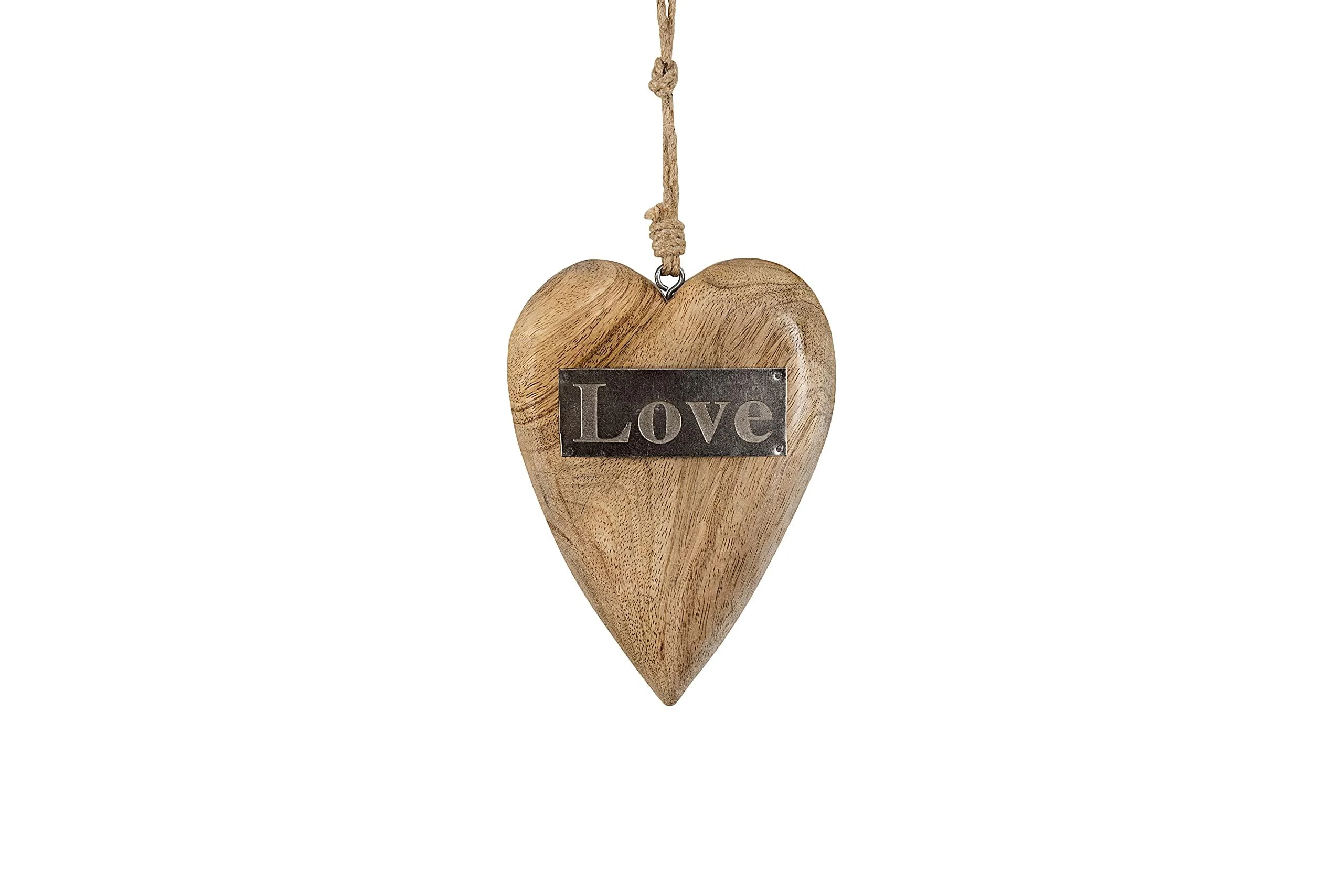 Creative Co-op Mango Wood Hanging Heart with Metal Love Brown 8" Tall