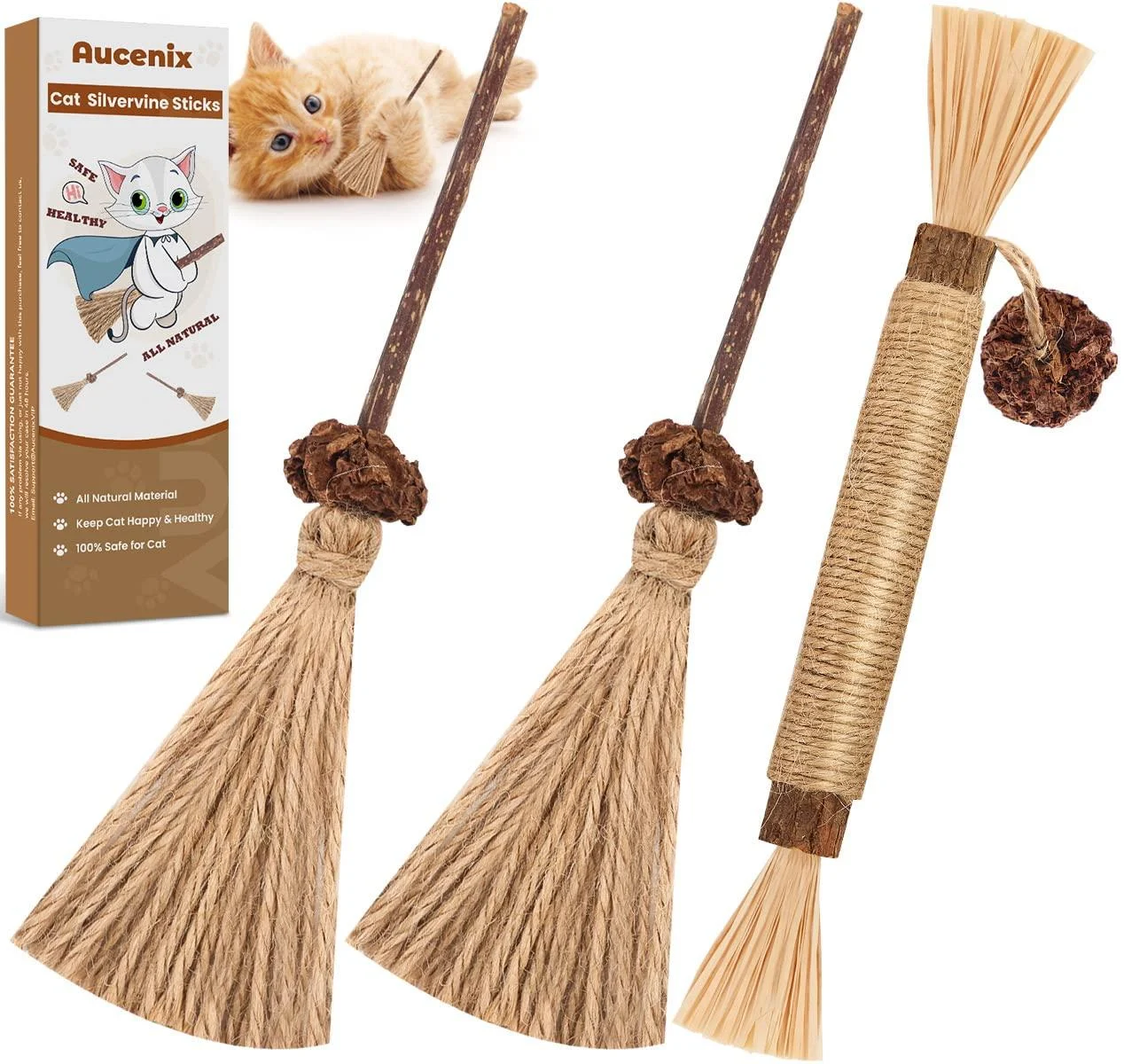 Aucenix Cat Chew Toy Silvercine Sticks for Indoor Cats Natural Matatabi Cat Teeth Cleaning Toy Kitten Teething Chew Stick for Kitty Pets Exercise Playing Chewing (2 Brooms+1 Stick)